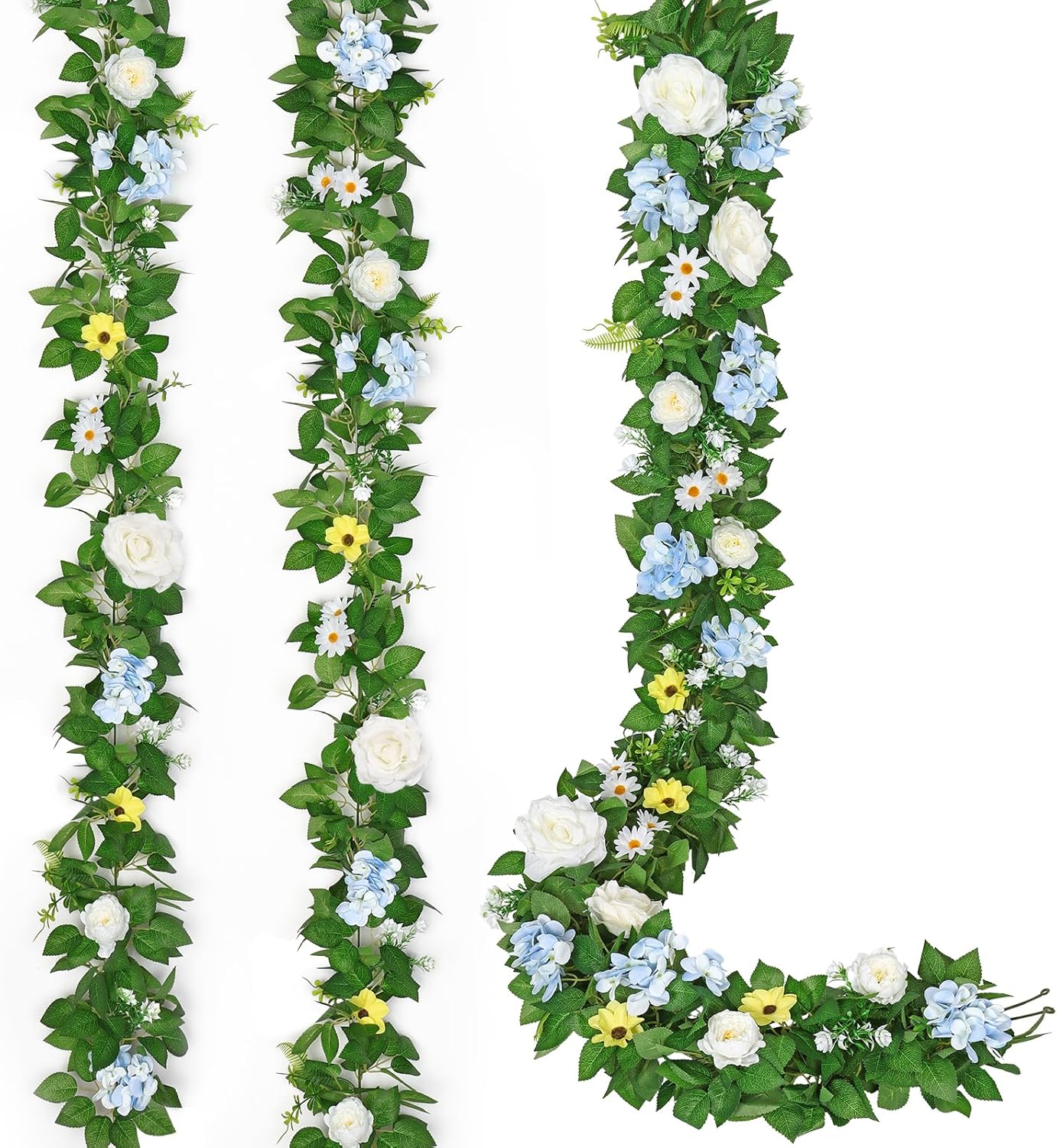 Dremisland 2PCS Artificial Rose Vine Fake Flower Garland 6FT Faux Silk Rose Hanging Vine Floral Garland Daisies Hydrangeas Ivy Vines for Wedding Party Wall Arch Garden Background Decor