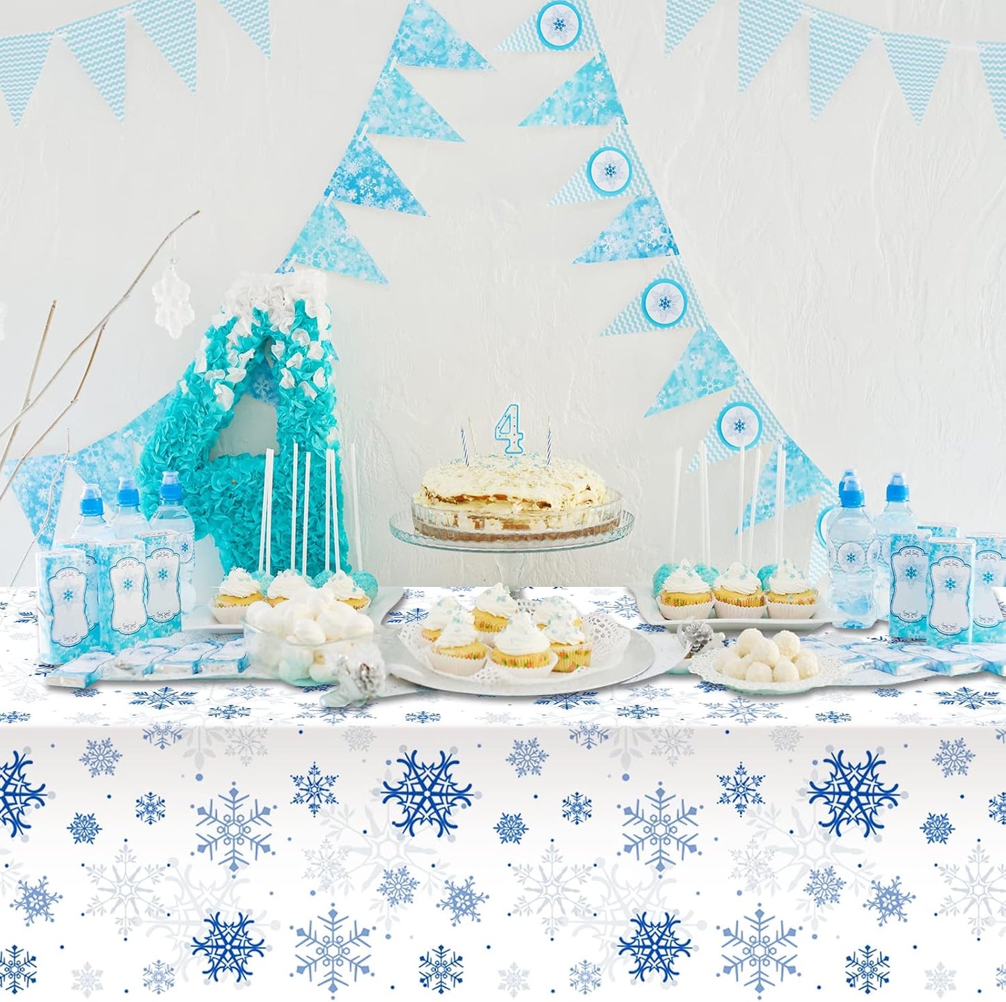 1 Pieces Snowflake Christmas Party Tablecloth Decorations,Plastic White Snowflake White Blue Xmas Backdrop Sign Table Cover Banner for Winter Christmas Holiday Party Supplies,54x108 inch（White/Blue）