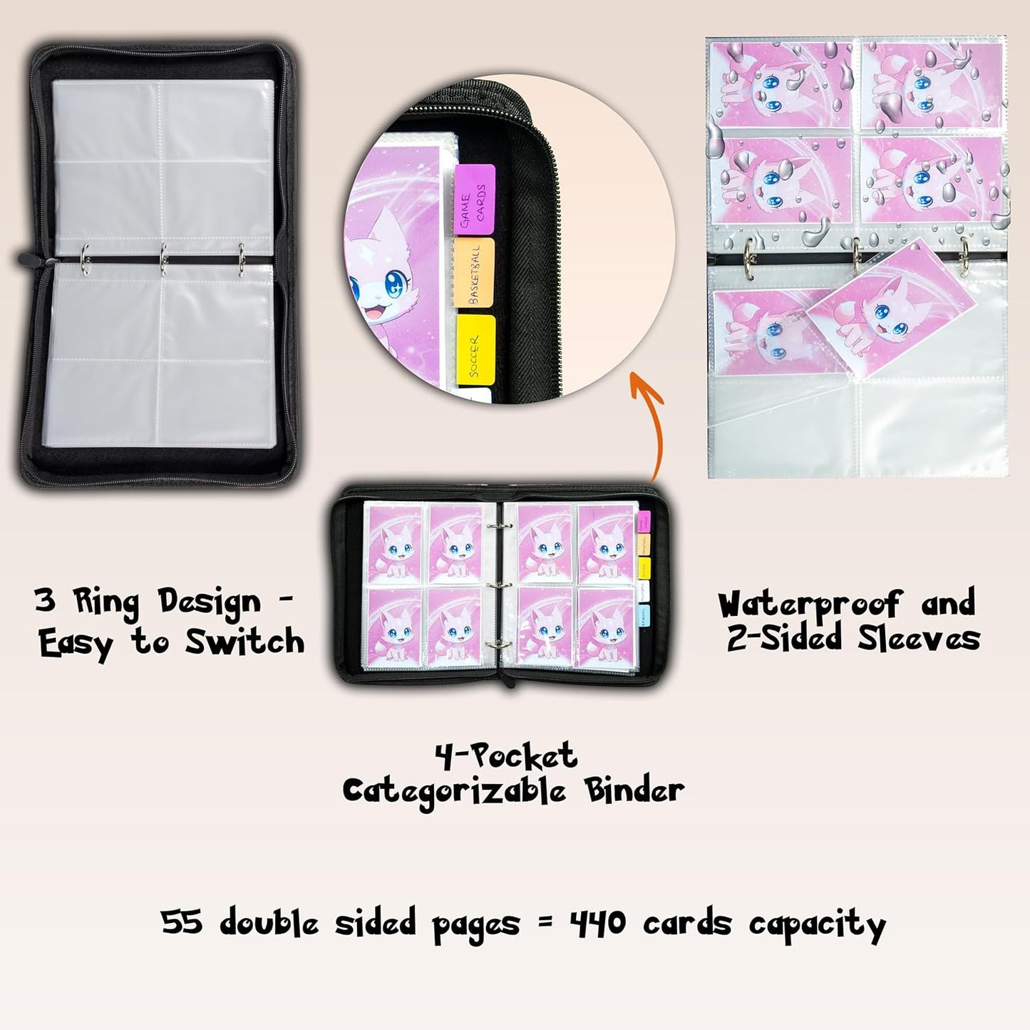 Cute Pink Trading Card Binder 4 Pocket for Girls Gifts - Includes Name Tag & Tab Stickers for Sorting - 440 Pockets Card Binders Zipper Album Book Holder - Baseball Football Sports Tcg Card Case