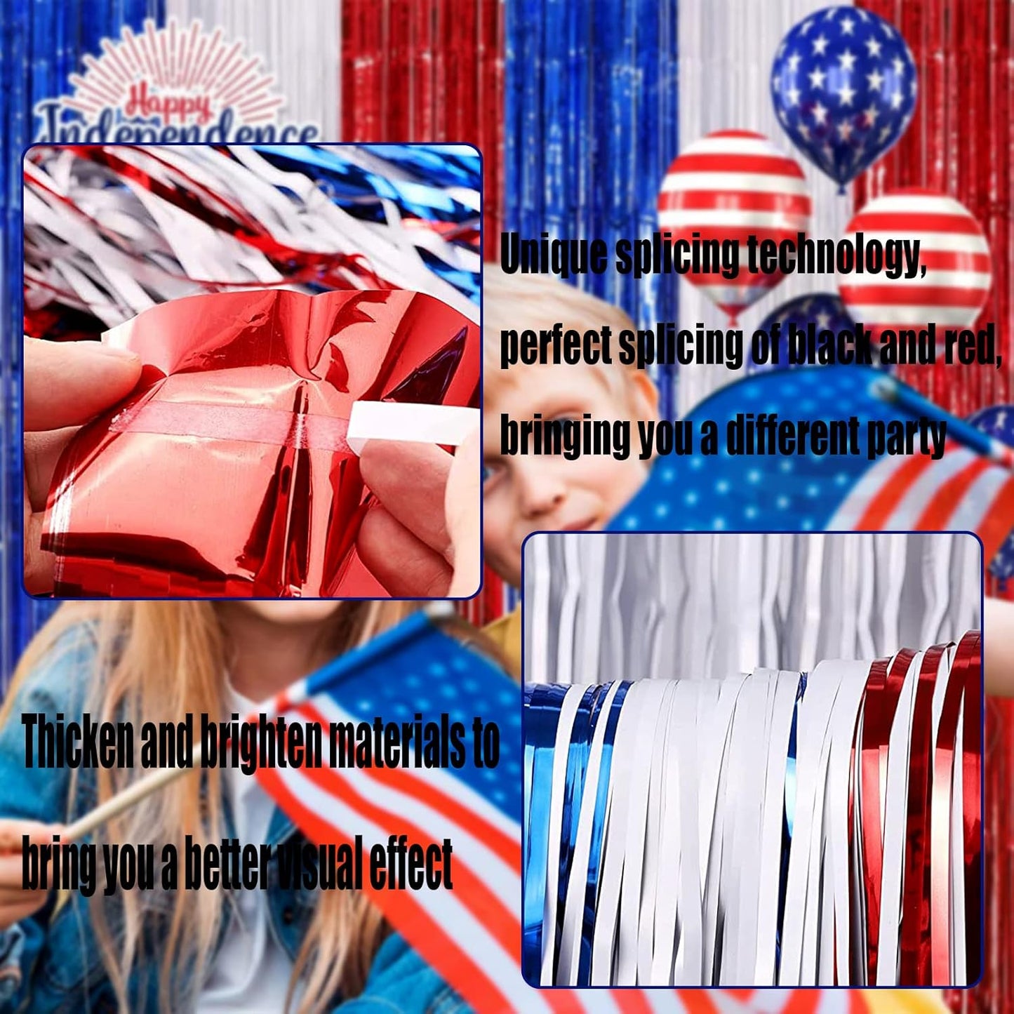 4 Pack Red Blue White Foil Fringe Curtain Backdrop, 3.28Ft x 9.8Ft Metallic Tinsel Foil Fringe Streamers Curtains for Photo Booth, Wedding, Mardi Gras, Birthday, Independence Day Party Decoration