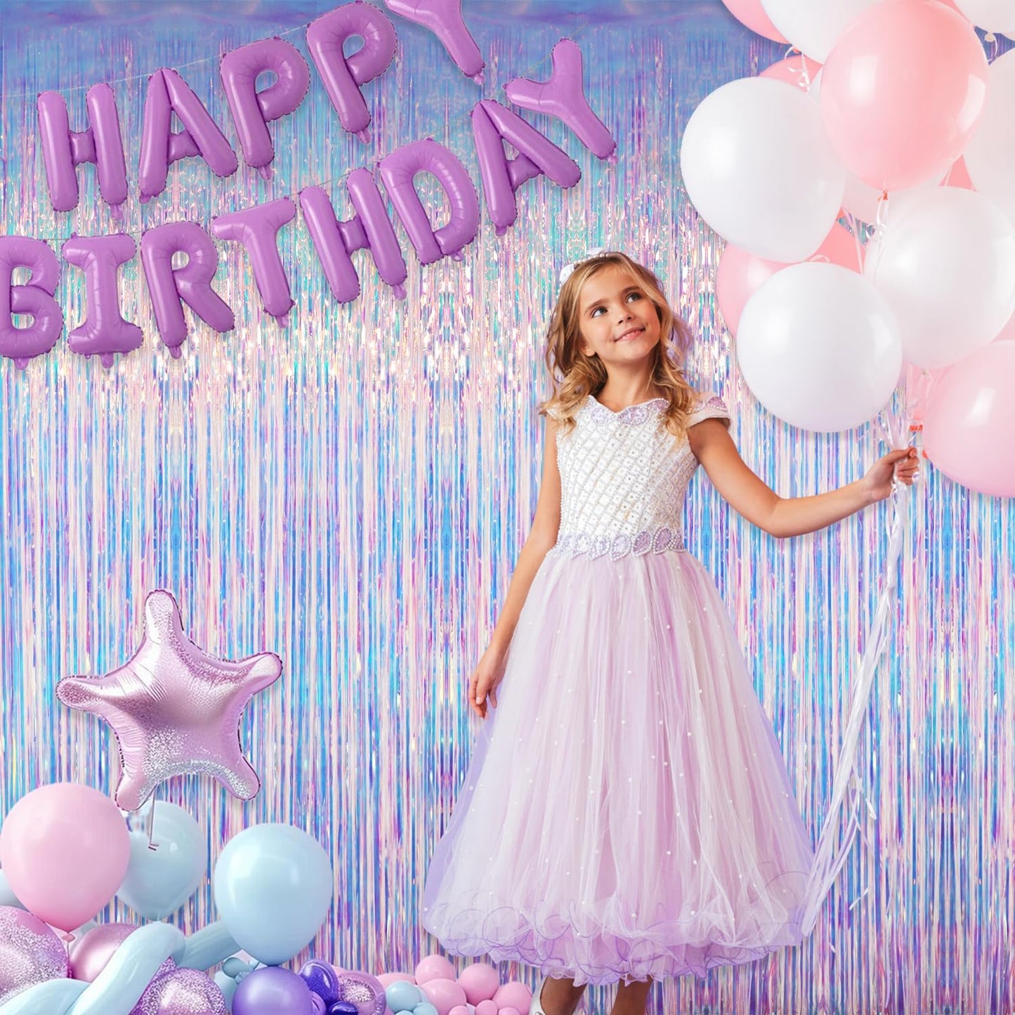 GOER 3.2 ft x 6.5 ft Metallic Tinsel Foil Fringe Curtains Party Photo Backdrop Party Streamers for Mermaid Birthday Party Decorations(1 Packs,Neon Blue)