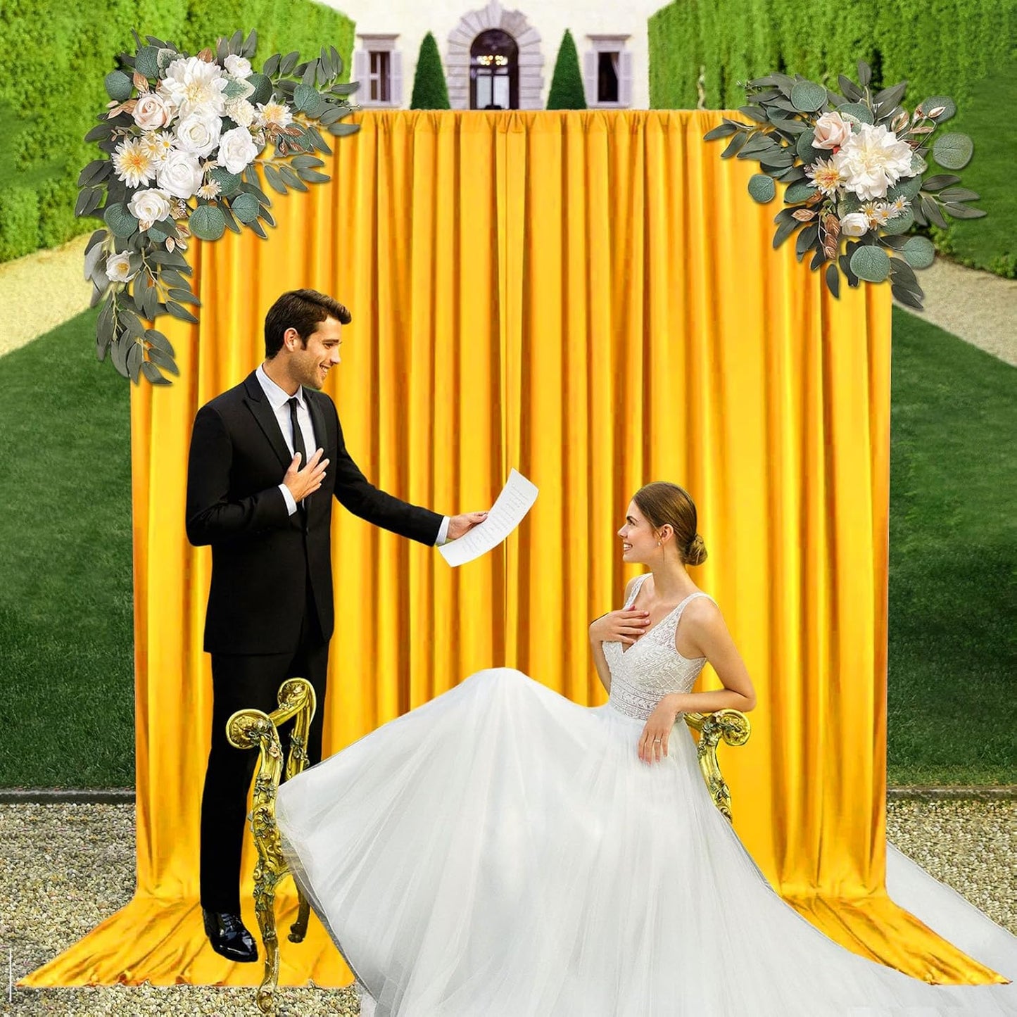 10ft x 10ft Gold Yellow Backdrop Curtains for Parties, Fabric Satin Background Curtain with Rod Pockets for Weddings, Birthday, Baby Shower, Photography, Graduation Party Backdrop Drapes, 2 Panels