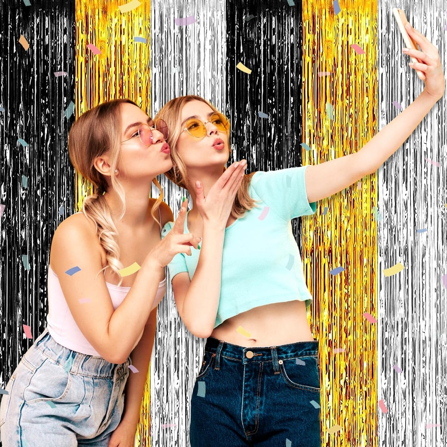 3 Pack Black Gold Silver Foil Fringe Curtain Backdrop, 3.28Ft x 8.2Ft Metallic Tinsel Foil Fringe Streamer Curtains for Photo Booth, Mother's Day, Easter, Birthday, Wedding Party Decorations