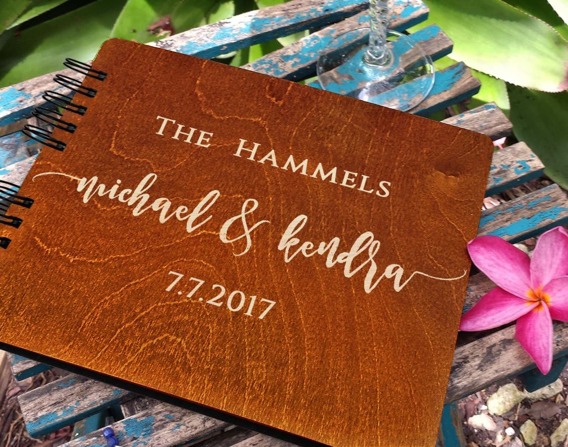 Wooden Wedding Guest Books Personalized (11"x8.5", Oak Wood Stain) Rustic Charm Custom Wedding Instant Photo Album 5th Anniversary Party Guest Register Guestbook Made in USA