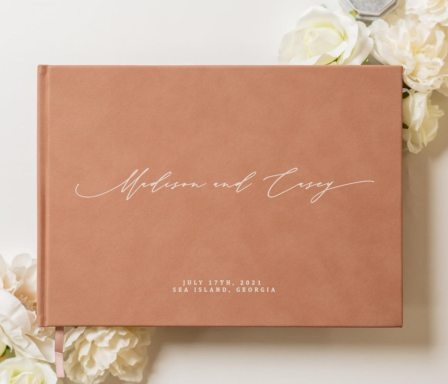 MUUJEE Personalized Guestbook in Old Rose - Premium Custom Modern Guest Book for Wedding Reception, Birthday Party or Events w/Bookmark Blank Pages for Signing 11.5 x 8.5 inches