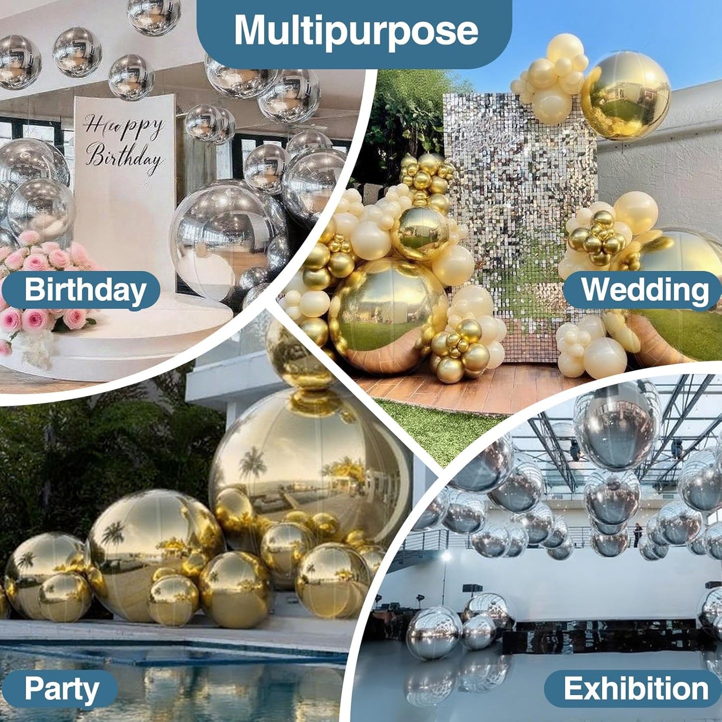 2PCS 39.4in Silver Inflatable Mirror Ball, Big Shinny Balls Reusable Large PVC Disco Ball Balloon for Large Event Decoration, Party, Concerts, Stage, Wedding Decor, Without Air Pump