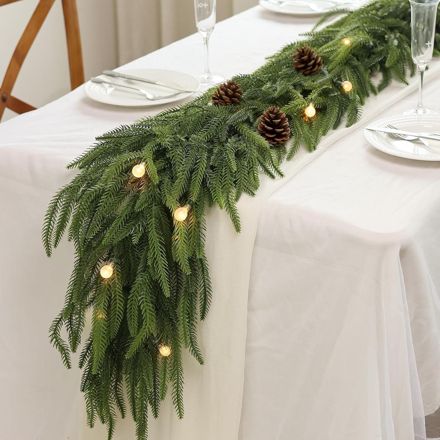 9FT Christmas Norfolk Pine Garland -2PCS, Artificial Pine Needles Garlands Faux Greenery Fake Garland for Holiday Fireplace,Table,Window,Stairs,Mante,Indoor Outdoor Decor