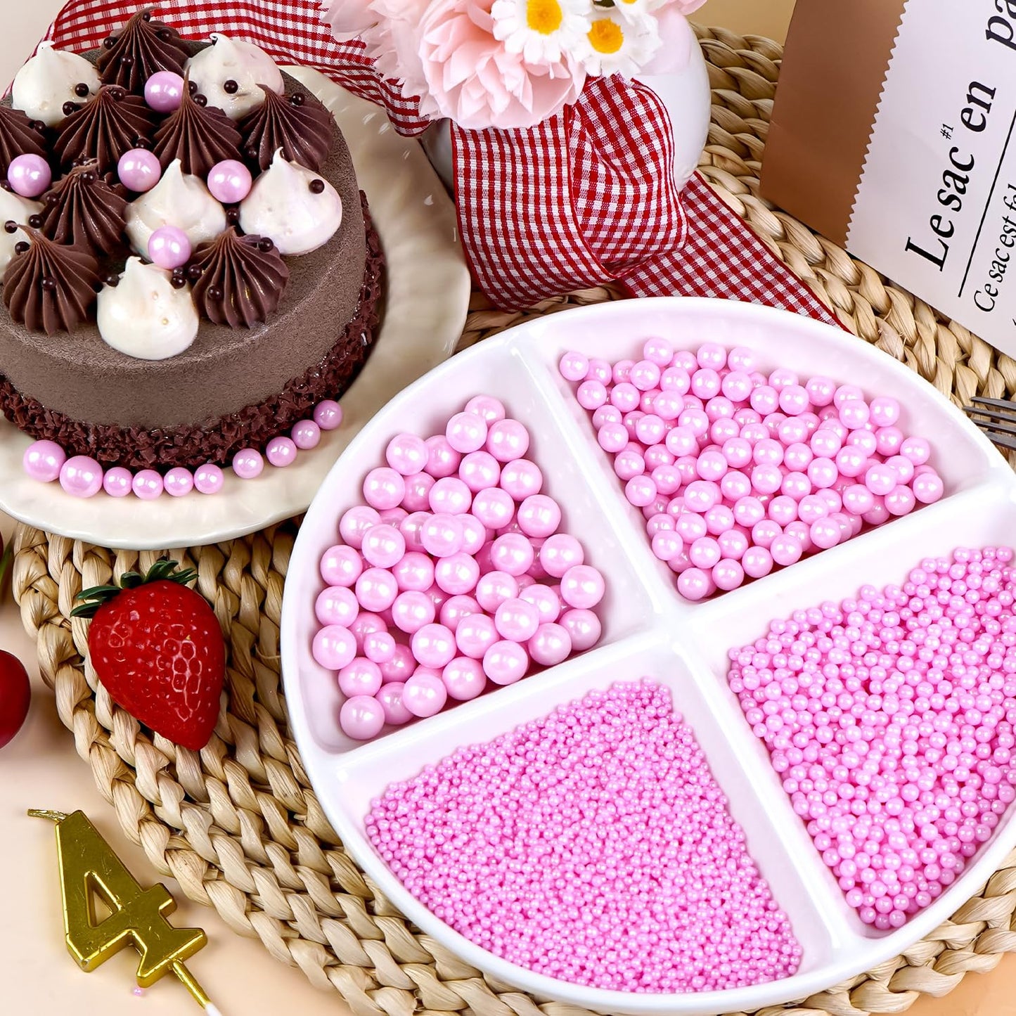 Dazzjoy Edible Pink Pearls Sugar Sprinkles, 150g/5.29oz, Pink Pearl Sprinkles for Cake Decorating, Cake Decoration & Cupcake Topper, Valentines Supplies