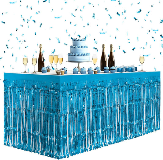 2 Pack Lake Blue Table Skirts, 29x108" Metallic Foil Tinsel Fringe Table Skirts for Rectangle Tables Streamer Curtains Backdrop, Party Decorations for Birthdays Weddings Holidays