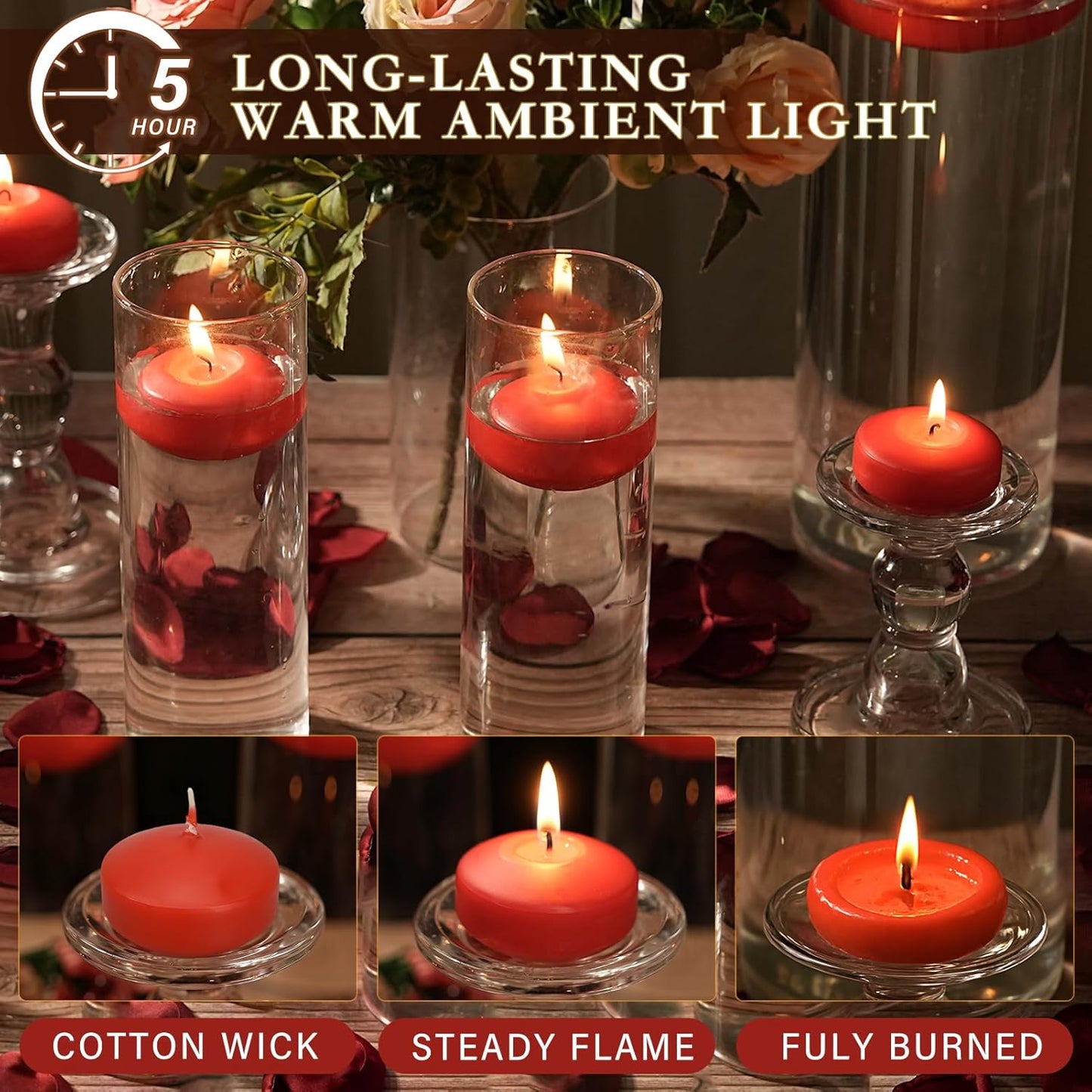 2 inch Red Floating Candles, 48 Pack Unscented Floating Candles for Centerpieces,5-6 Hours Water Activated Candle Bulk for Cylinder Vases Wedding Pool Bathtub