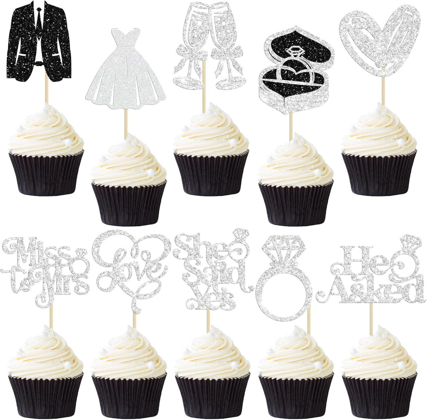 Gyufise 30Pcs She Said Yes Cupcake Toppers Glitter Diamond Ring I Do Love Cupcake Picks Miss to Mrs He Asked Bridal Shower Wedding Engagement Bachelorette Cake Decoration Silver