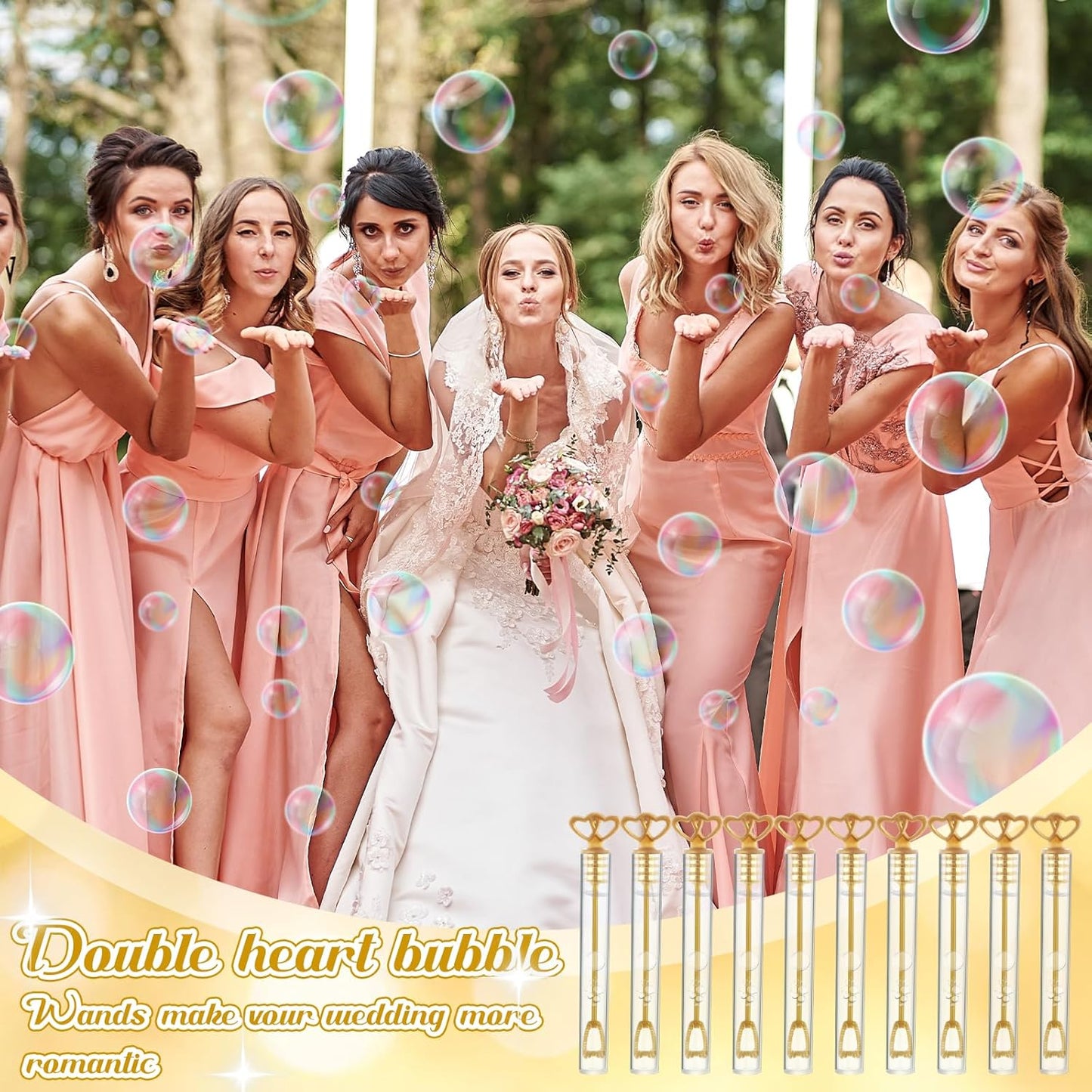150 Pcs Bubble Wands Bulk for Wedding Party Mini Heart Wand with Bubble Solution for Wedding Bridal Showers Valentine Anniversary Graduation Birthday Supplies(Gold,Double Heart)