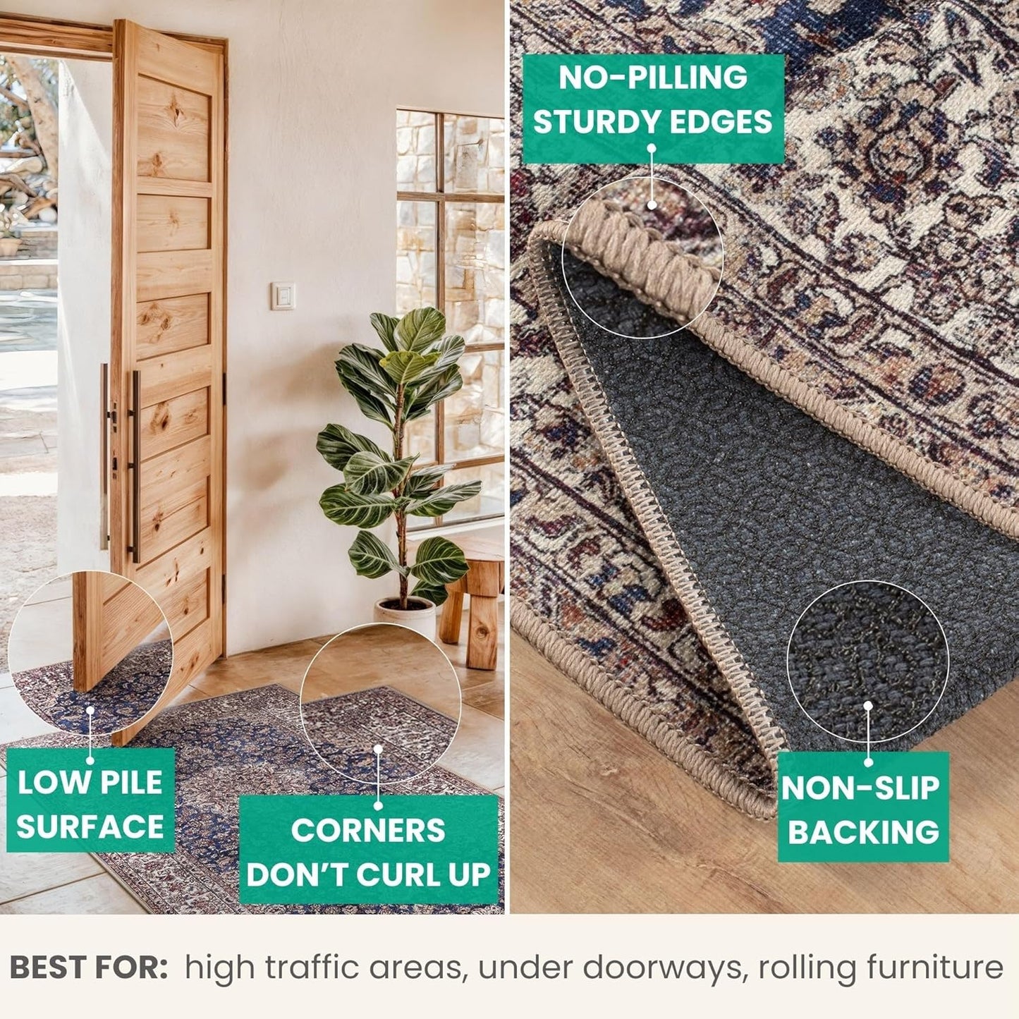 Bloom Rugs Washable Non-Slip 4' x 6' Rug - Dark Blue/Beige Traditional Medallion Area Rug for Living Room, Bedroom, Dining Room, and Kitchen - Exact Size: 4' x 6'