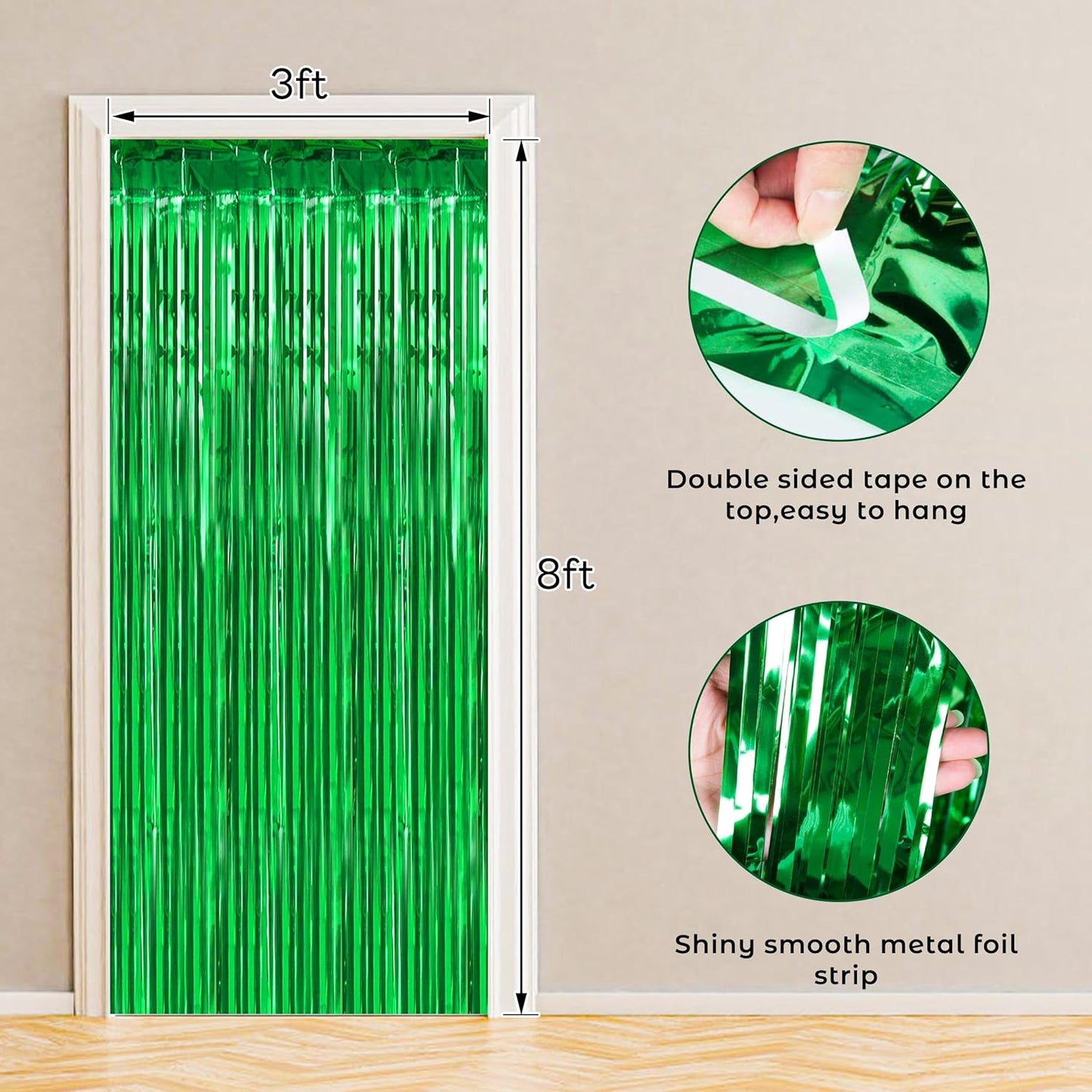 BTSD-home 10 Pack Green Foil Fringe Curtain, Metallic Photo Booth Backdrop Tinsel Door Curtains for St Patricks Day Birthday Bridal Baby Shower Bachelorette Christmas Party Decorations(8ft x 3ft)
