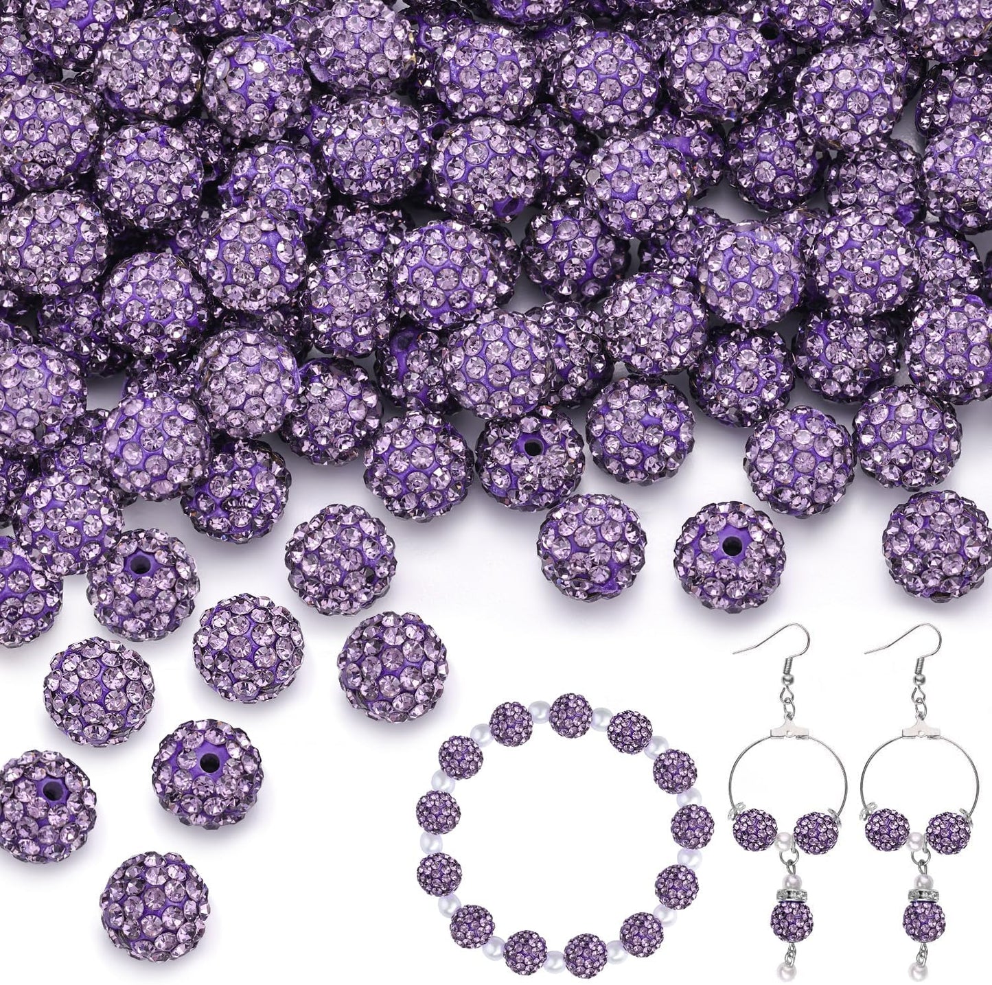 100 pcs 10mm Rhinestone Beads for Jewelry Making, Purple Shiny Round Shamballa Disco Beads Bulk, Sparkle Crystal Clay Christmas for Bracelet Baseball Necklace Earring Crafting and DIY