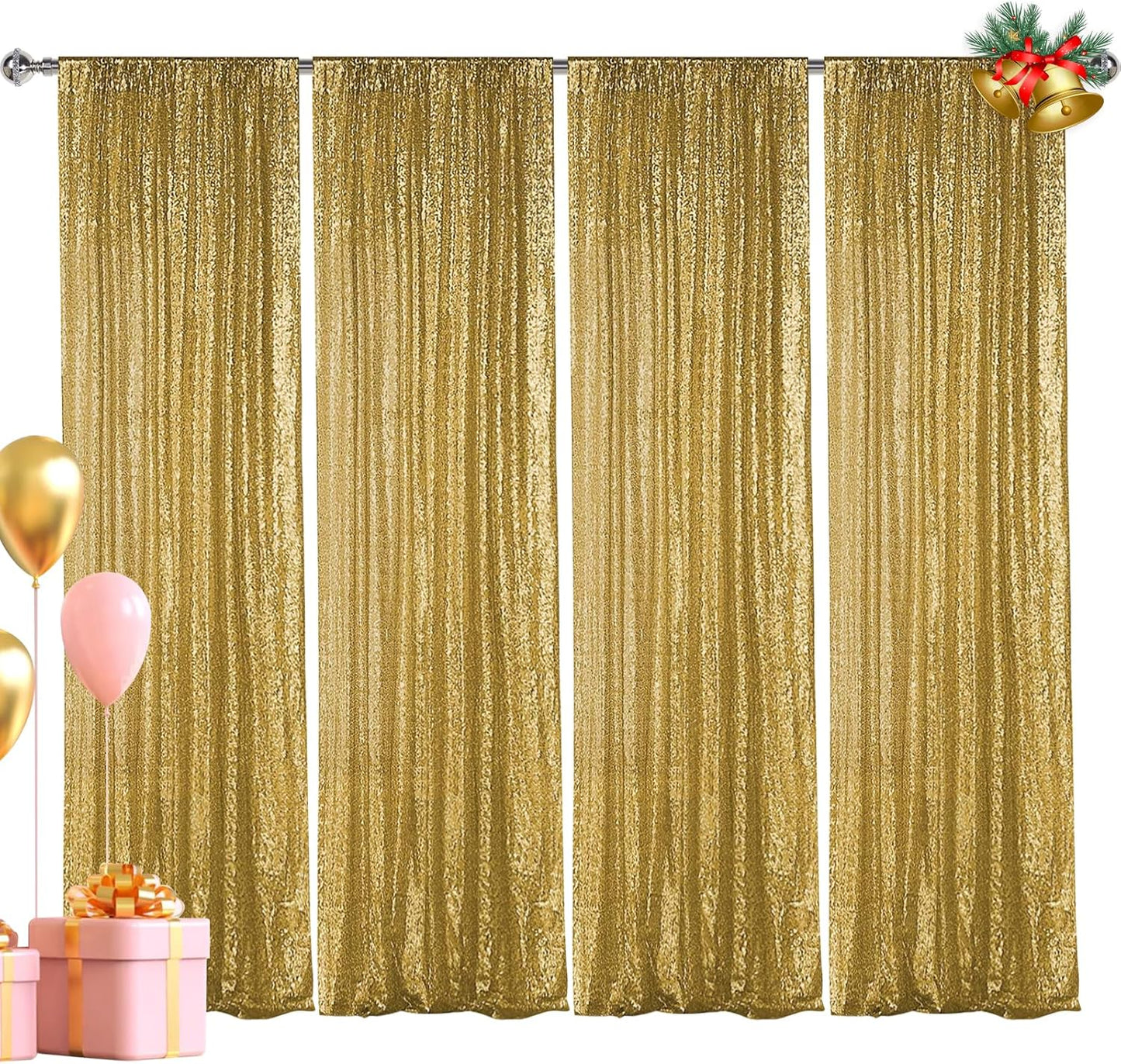 Hahuho Gold Sequin Backdrop Curtain, 4PCS 2FTx8FT Glitter Backdrop Curtain for Parties, Christmas, Wedding, Party Decoration（4 Panels, 2FT x 8FT, Gold