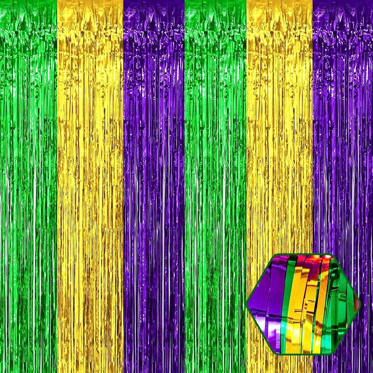 3 Pack Gold Green Purple Foil Fringe Curtain Backdrop, 3.28Ft x 8.2Ft Metallic Tinsel Foil Fringe Streamer Curtains for Photo Booth, Mother's Day, Easter, Birthday, Wedding Party Decorations