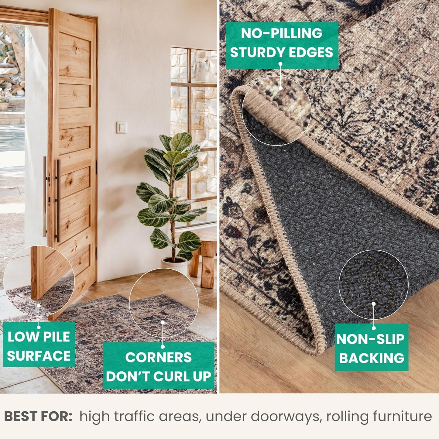 Bloom Rugs Washable Non-Slip 10 ft Runner - Light Tan/Blue Traditional Oriental Runner for Entryway, Hallway, Bathroom, and Kitchen - Exact Size: 2.5' x 10'