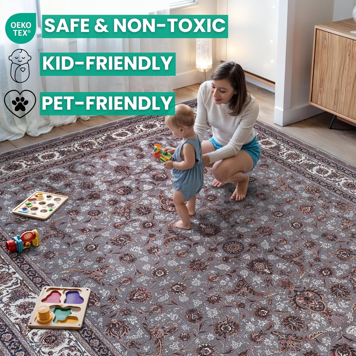 Bloom Rugs Washable Non-Slip 7 ft Runner - Slate Gray Traditional Oriental Runner for Entryway, Hallway, Bathroom, and Kitchen - Exact Size: 2.5' x 7'