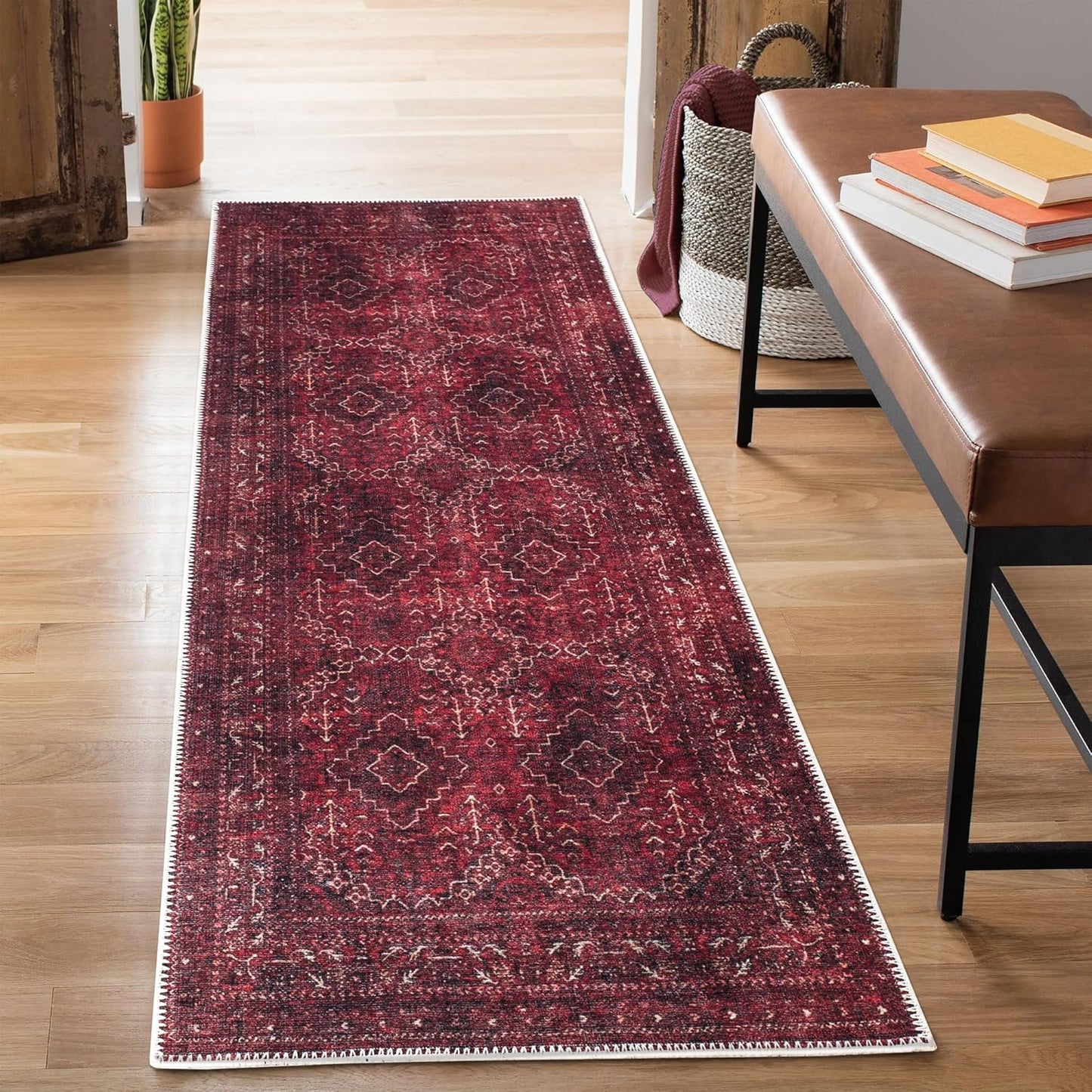 Bloom Rugs Washable Non-Slip 10 ft Runner - Dark Red Traditional Bordered Runner for Entryway, Hallway, Bathroom, and Kitchen - Exact Size: 2.5' x 10'