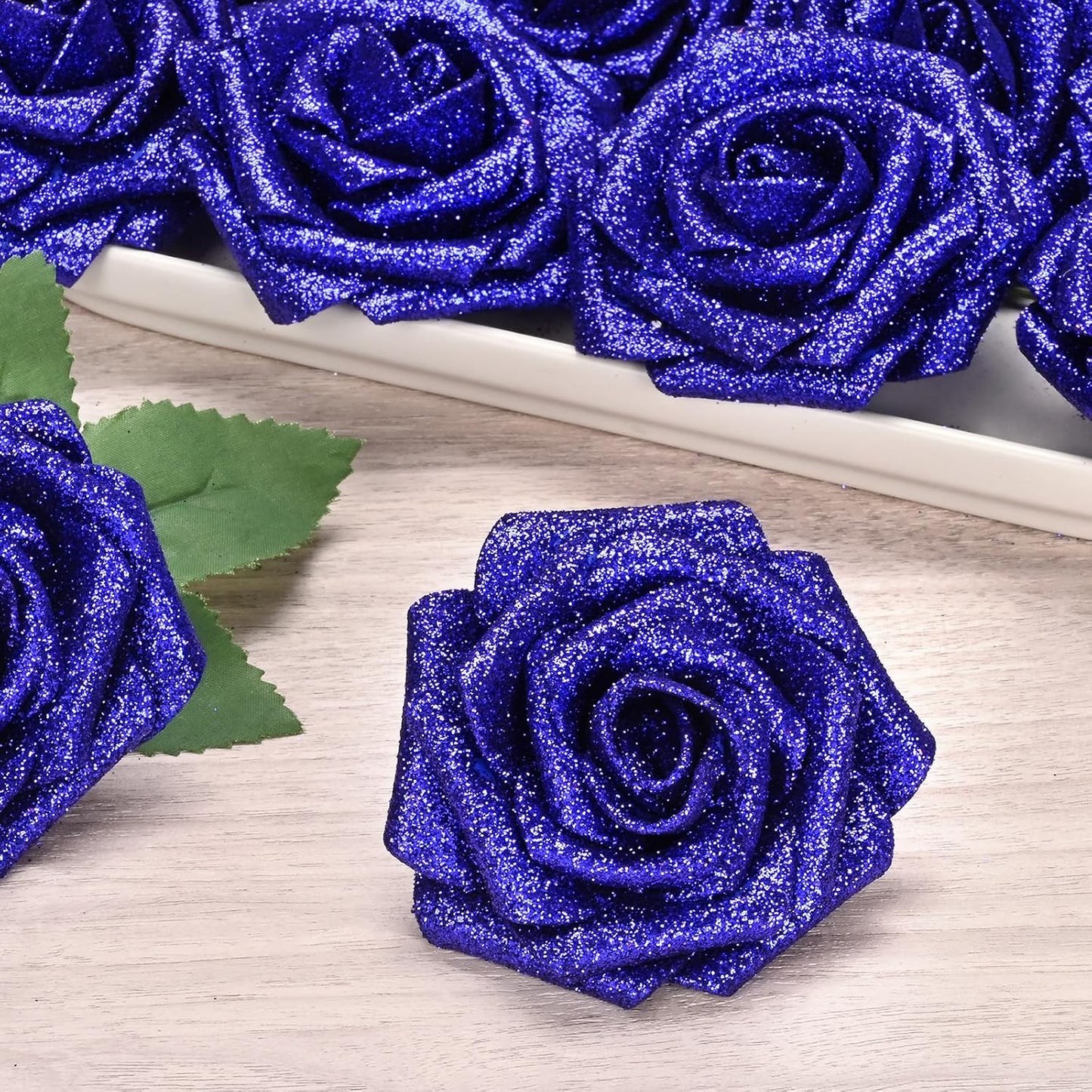 BLEUM CADE 36Pcs Artificial Flowers Fake Roses with Stems, Blue Glitter Boxed Foam Roses for DIY Bouquets Centerpieces Wedding Party Arrangement Bridal Shower Decor