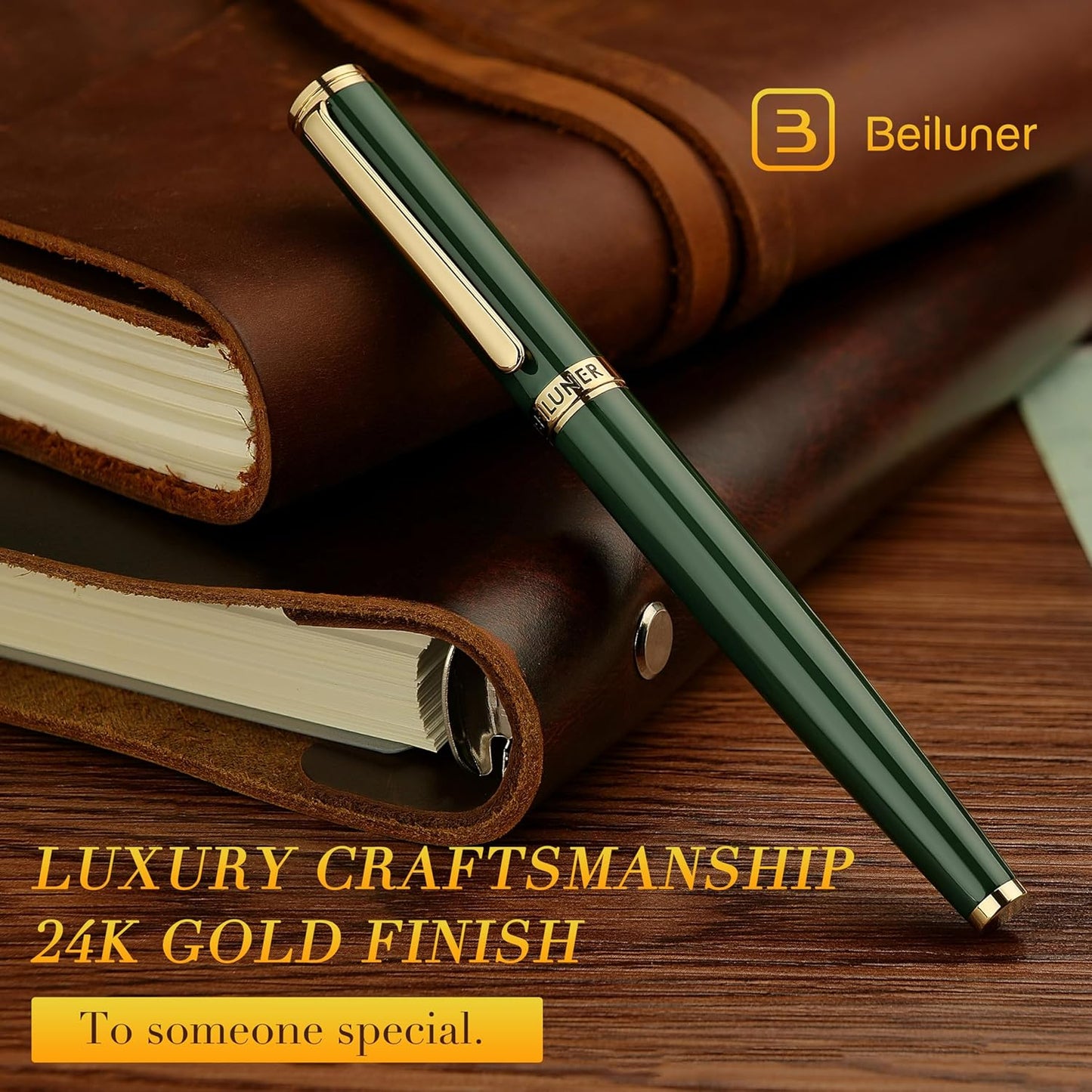 BEILUNER Racing Green Fountain Pen,Stunning Luxury Pens with 24K Gold Finish, Gorgeous 24K Gilded Nib(Medium), Fancy Pen Gift for Men&Women -Ink Converter-Christmas, Office,Fancy,Nice Pen for Writing