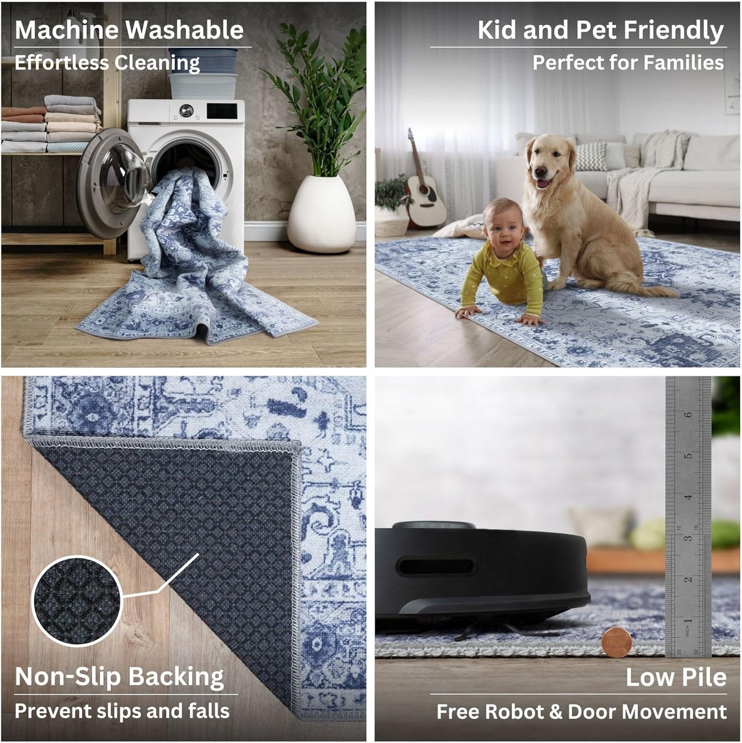 Bloom Rugs Washable Non-Slip 4' x 6' Rug - Gray/Blue Traditional Medallion Area Rug for Living Room, Bedroom, Dining Room, and Kitchen - Exact Size: 4' x 6'