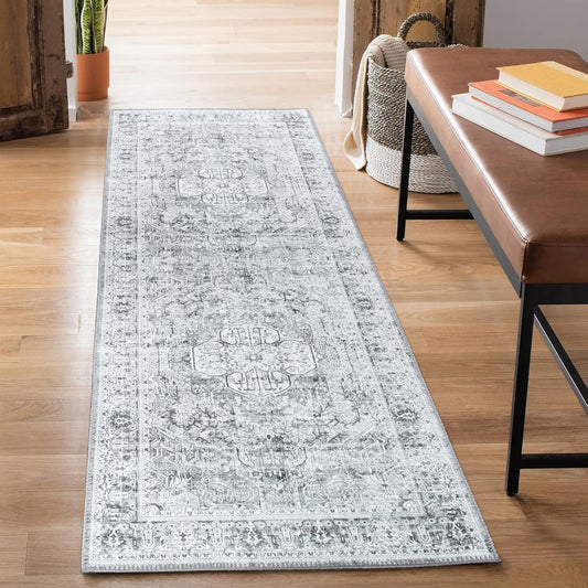 Bloom Rugs Washable Non-Slip 7 ft Runner - Gray/Charcoal Traditional Medallion Runner for Entryway, Hallway, Bathroom, and Kitchen - Exact Size: 2.5' x 7'