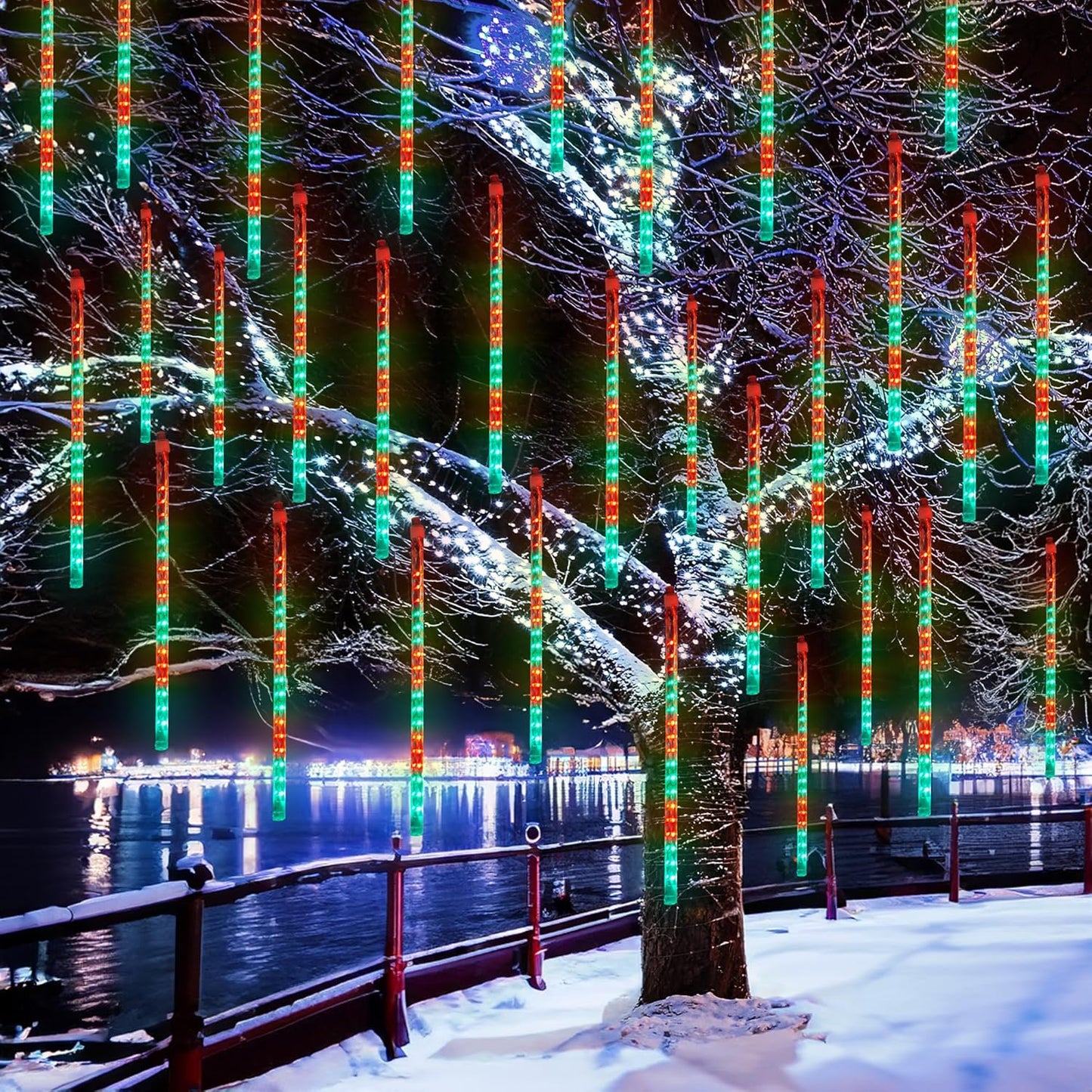 Dazzle Bright Red and Green Christmas Lights, 288 LED 11.8 Inch Meteor Shower Rain Lights with 8 Tubes, Waterproof Plug in Falling Rain Light Christmas Decorations for Xmas Bushes Tree Yard Party