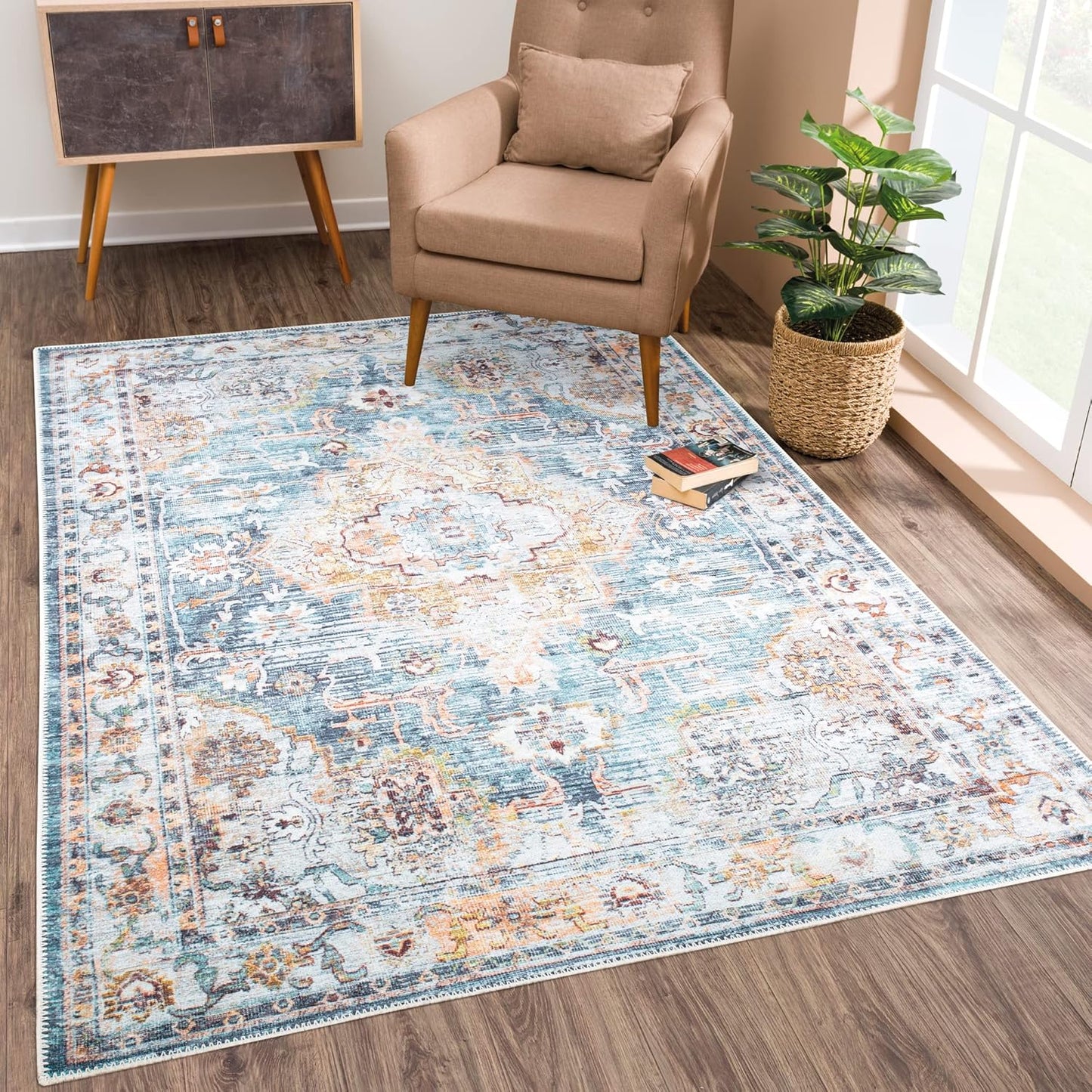 Bloom Rugs Washable Non-Slip 3' x 5' Rug - Teal/Peach Traditional Area Rug for Living Room, Bedroom, Dining Room, and Kitchen - Exact Size: 3' x 5'