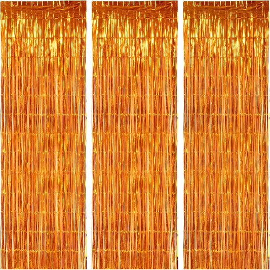 TONIFUL 3Pcs Orange Door Streamers,Photo Booth Backdrop Metallic Streamers Foil Fringe Curtains for Halloween Thanksgiving New Year Bachelorette Birthday Party Streamers Decor(9.9ft x 6.6ft)