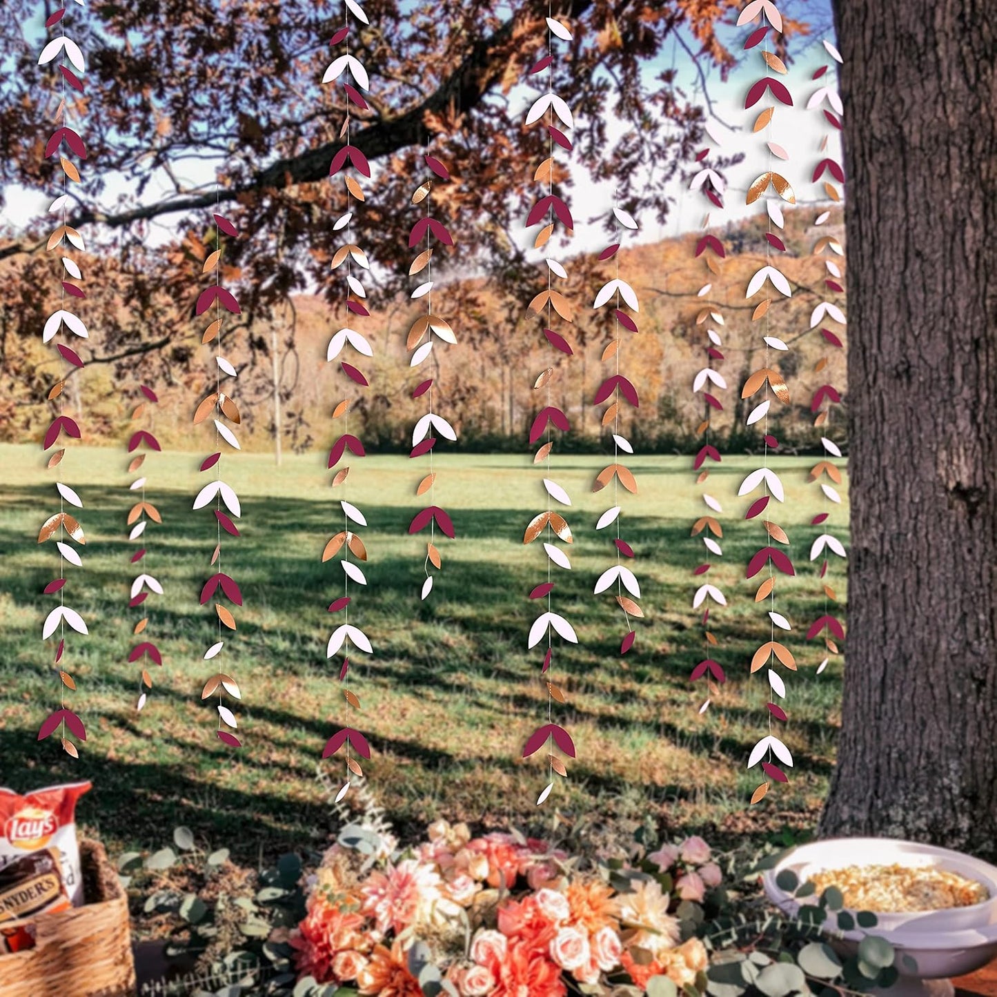 52 Ft Burgundy Rose Gold Party Decorations Leaf Garland Kit Paper Hanging Leaves Streamer Banner for Birthday Bachelorette Engagement Anniversary Wedding Bridal Shower Fall Autumn Party Decor Supplies