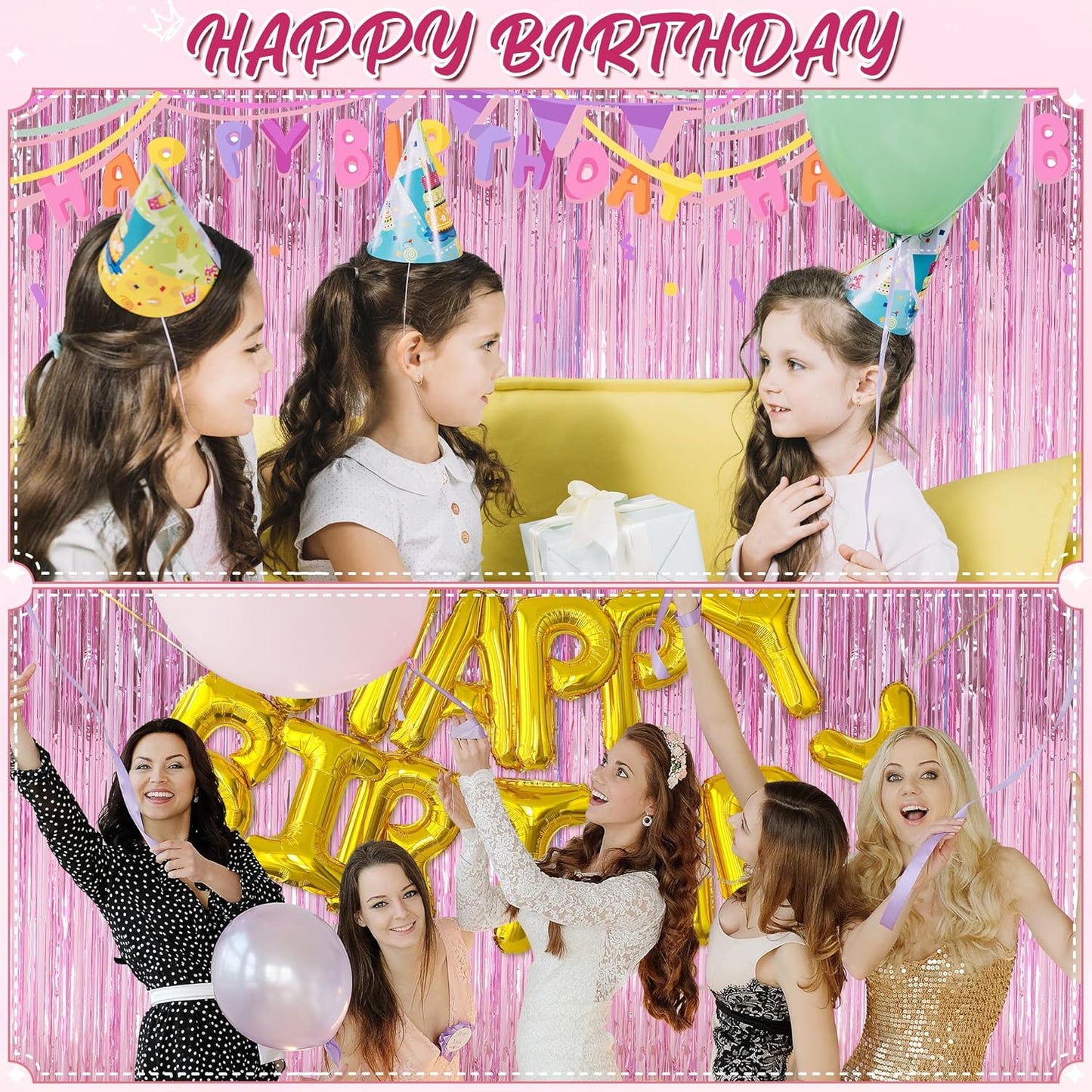 Crosize 4 Pack 3.3 x 9.9 ft Pink foil Fringe Curtains Party Decorations, Pink Tinsel Curtain Backdrop for Parties, Door Streamers, Glitter Streamer Fringe Backdrop for Birthday Decoration