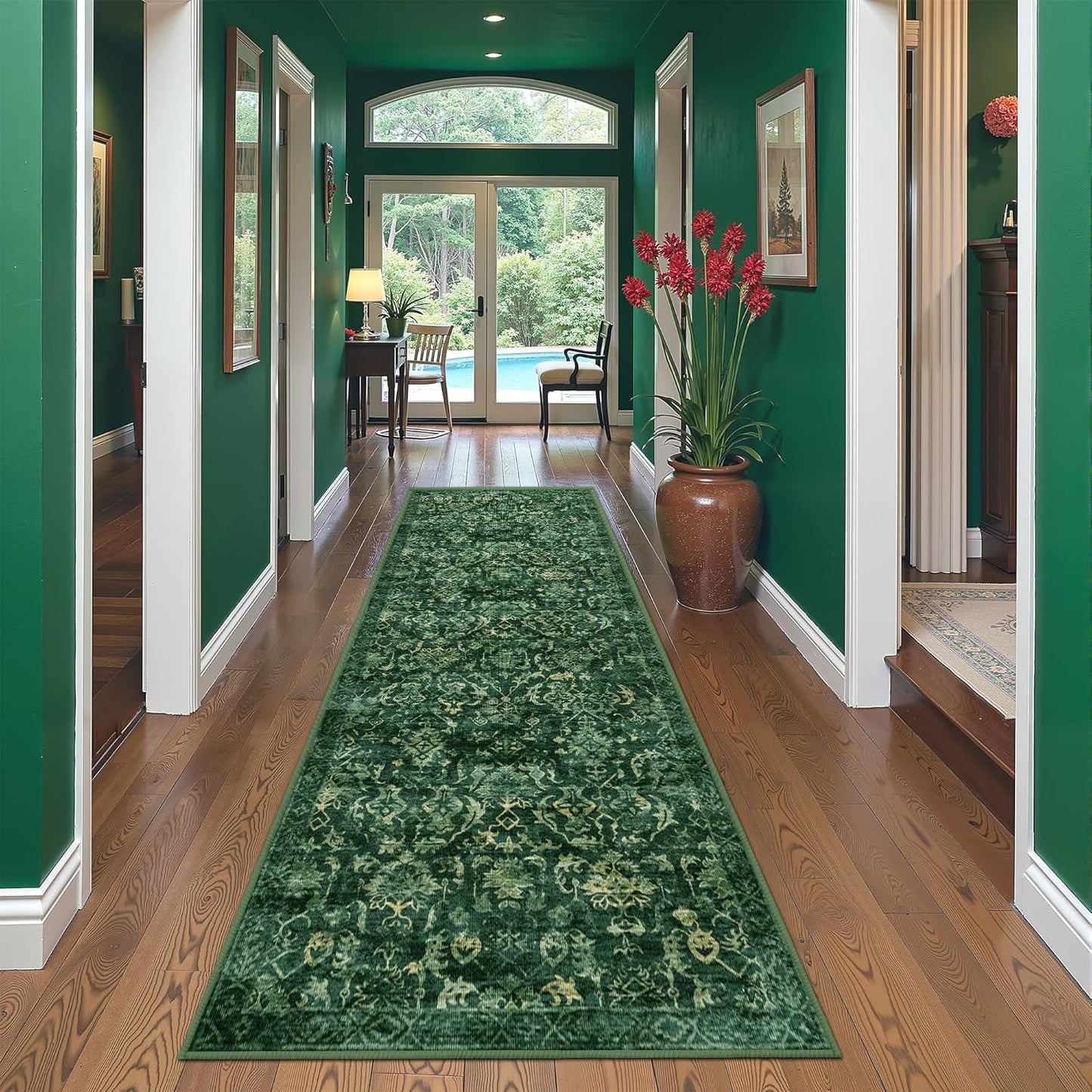 Dark Green 3x10 Runner Rug for Hallways Bed Side Kitchen, Boho Washable Distressed Low-Pile Floor Entryway Long Bathroom Mat, Non-Slip Laundry Room Washstand Front Carpet Green 36x84 Inch