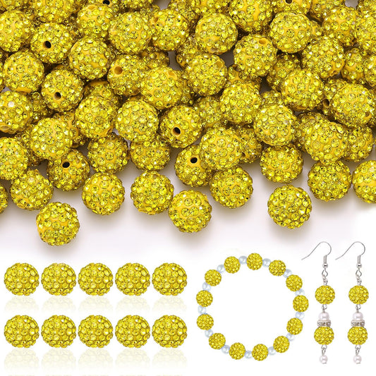 200pcs 10mm Rhinestone Beads for Jewelry Making, Yellow Shiny Round Disco Ball Beads Bulk, Sparkle Crystal Clay Christmas for Bracelet Baseball Necklace Earring Crafting and DIY