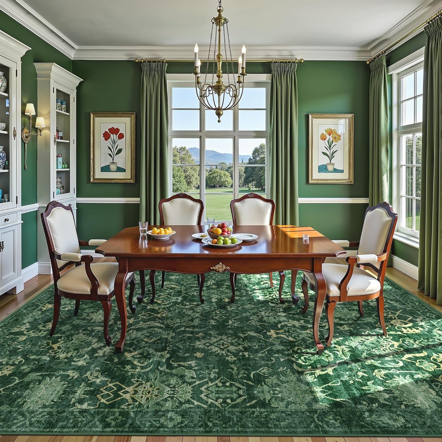 Deerly Dark Green Area Rugs 10x12 for Living Room Soft Non-Slip, Large Bedroom Rug Vintage Dining Room Rug Tribal Farmhouse Carpet for Dining Room Office Green