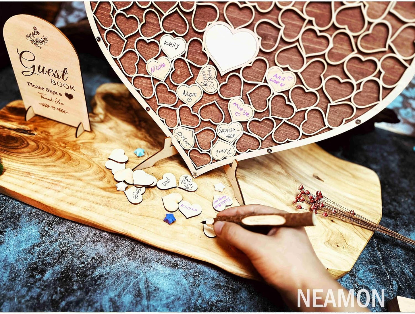 Wedding Guest Book Unique Wooden Heart Alternative GuestBook Bridal Shower Wedding Decoration with 83 Wooden Hearts 1 Sign Pen Set (Reddish Brown)