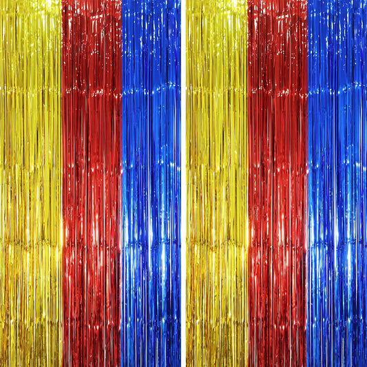2 Pack Blue Red Gold Foil Fringe Backdrop Curtains, Tinsel Streamers Party Decorations, Fringe Backdrop, Door Shimmer for Birthday Party