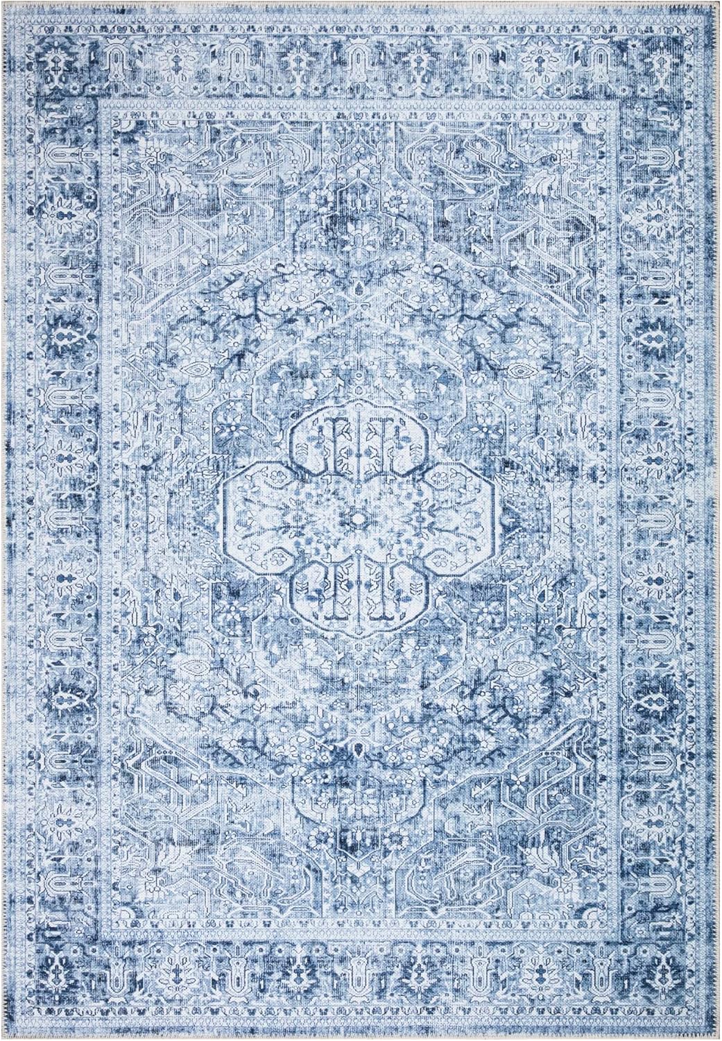 Bloom Rugs Washable Non-Slip 6' x 9' Rug - Ivory/Denim Blue Traditional Medallion Area Rug for Living Room, Bedroom, Dining Room, and Kitchen - Exact Size: 6' x 9'
