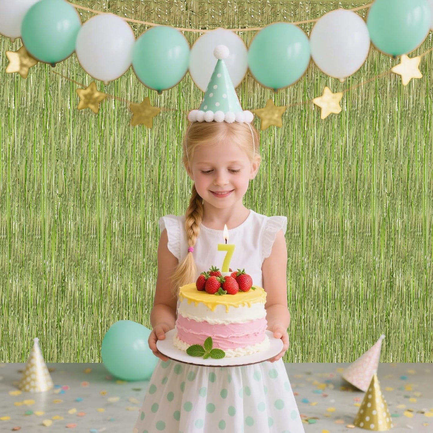 TONIFUL 3Pcs Light Green Door Streamers,Green Photo Booth Backdrop,Metallic Streamers Green Foil Fringe Curtains for Birthday,Christmas,New Year,St. Patrick's Day Party Streamers Decor