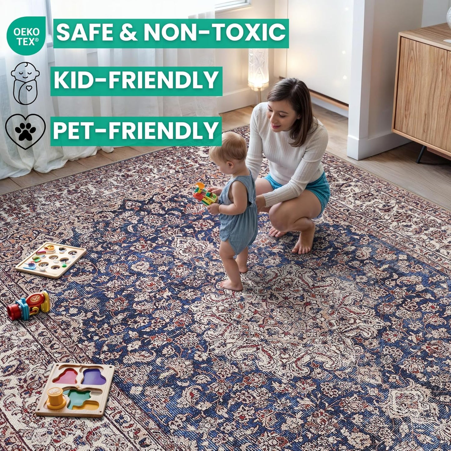 Bloom Rugs Washable Non-Slip 4' x 6' Rug - Dark Blue/Beige Traditional Medallion Area Rug for Living Room, Bedroom, Dining Room, and Kitchen - Exact Size: 4' x 6'