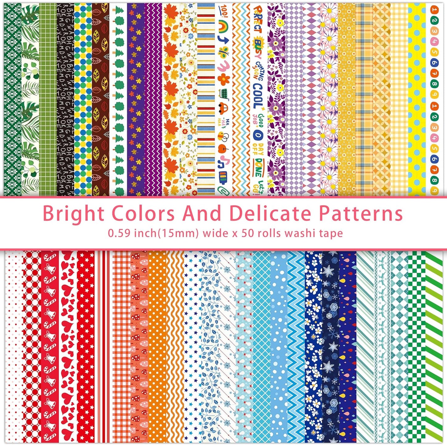 emmoolife 50 Rolls Washi Tape Set, 15mm Wide Rainbow Colored Tape Aesthetic Design Masking Decorative Tape for Scrapbooking Supplies, Bullet Journaling, Junk Journal, Wrapping Planners, DIY Arts Craft