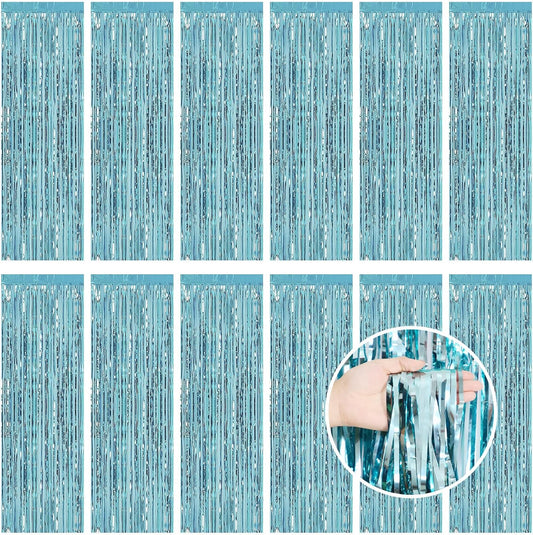 Light Blue Fringe Curtain Party Streamers, 12 Pack 3.3ft x 8.2 ft Foil Curtain Backdrop Tinsel Foil Fringe Curtains Photo Booth Backdrop Streamer for Birthday, Wedding, Baby Shower, Disco Party