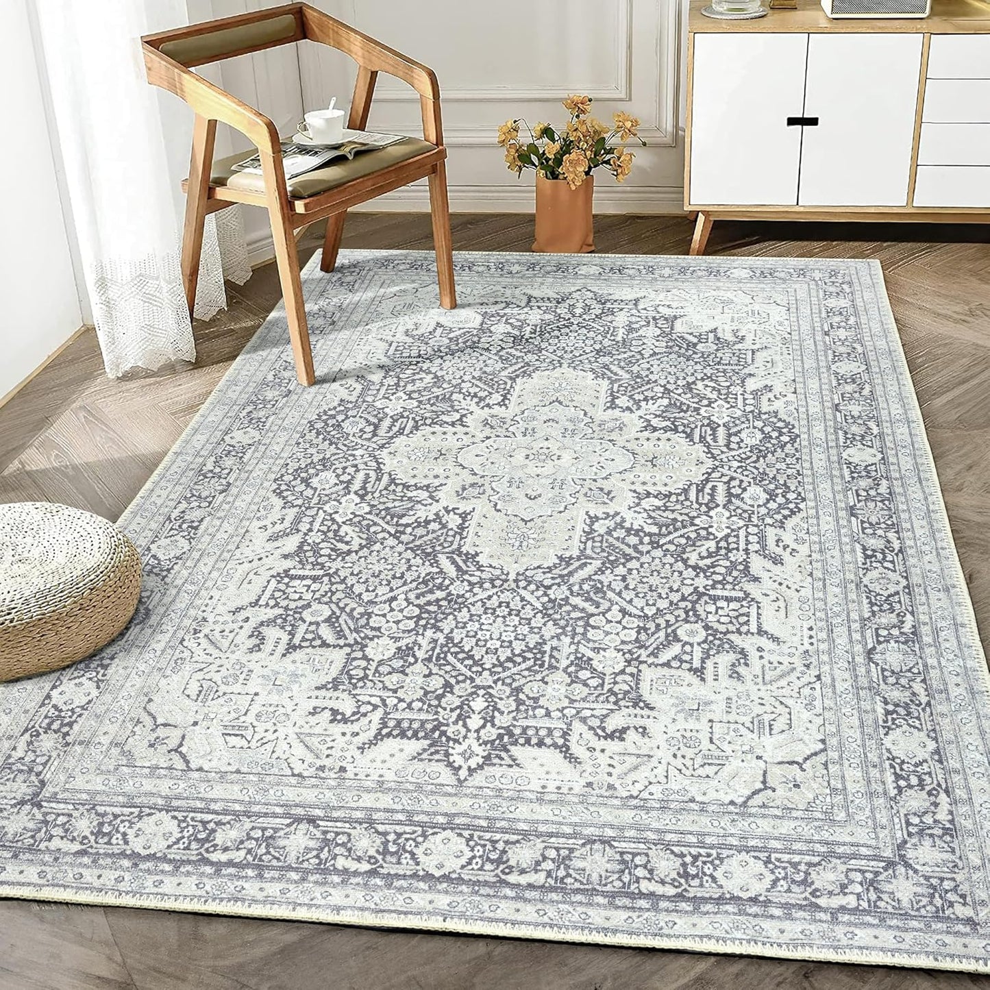 Bloom Rugs Washable Non-Slip 4' x 6' Rug - Charcoal Blue Traditional Medallion Area Rug for Living Room, Bedroom, Dining Room, and Kitchen - Exact Size: 4' x 6'
