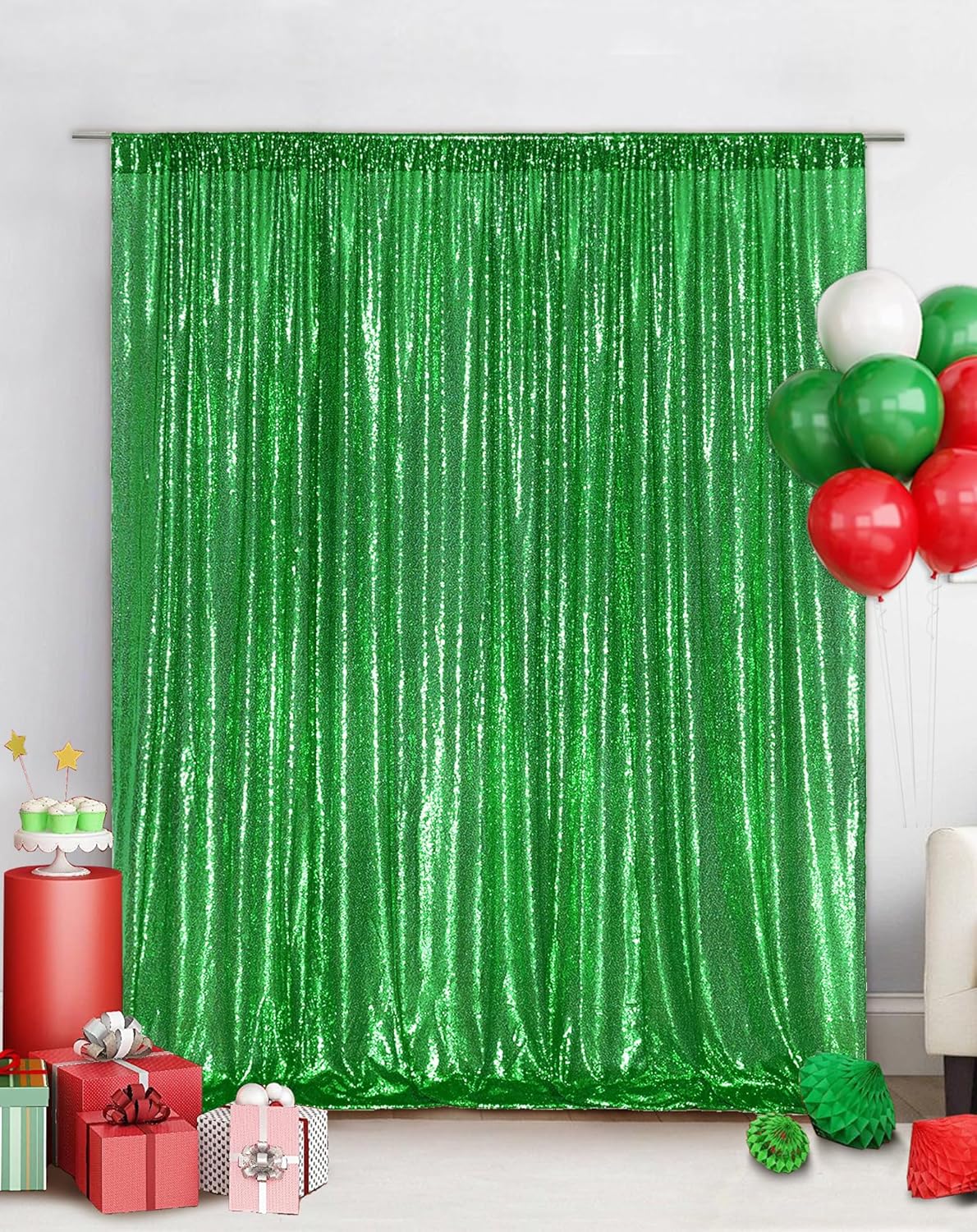 Eternal Beauty Green Sequin Backdrop, 20x10 Ft Glitter Background Curtains for Christmas Shimmer Photography Party Wedding Birthday Back Drop Decor