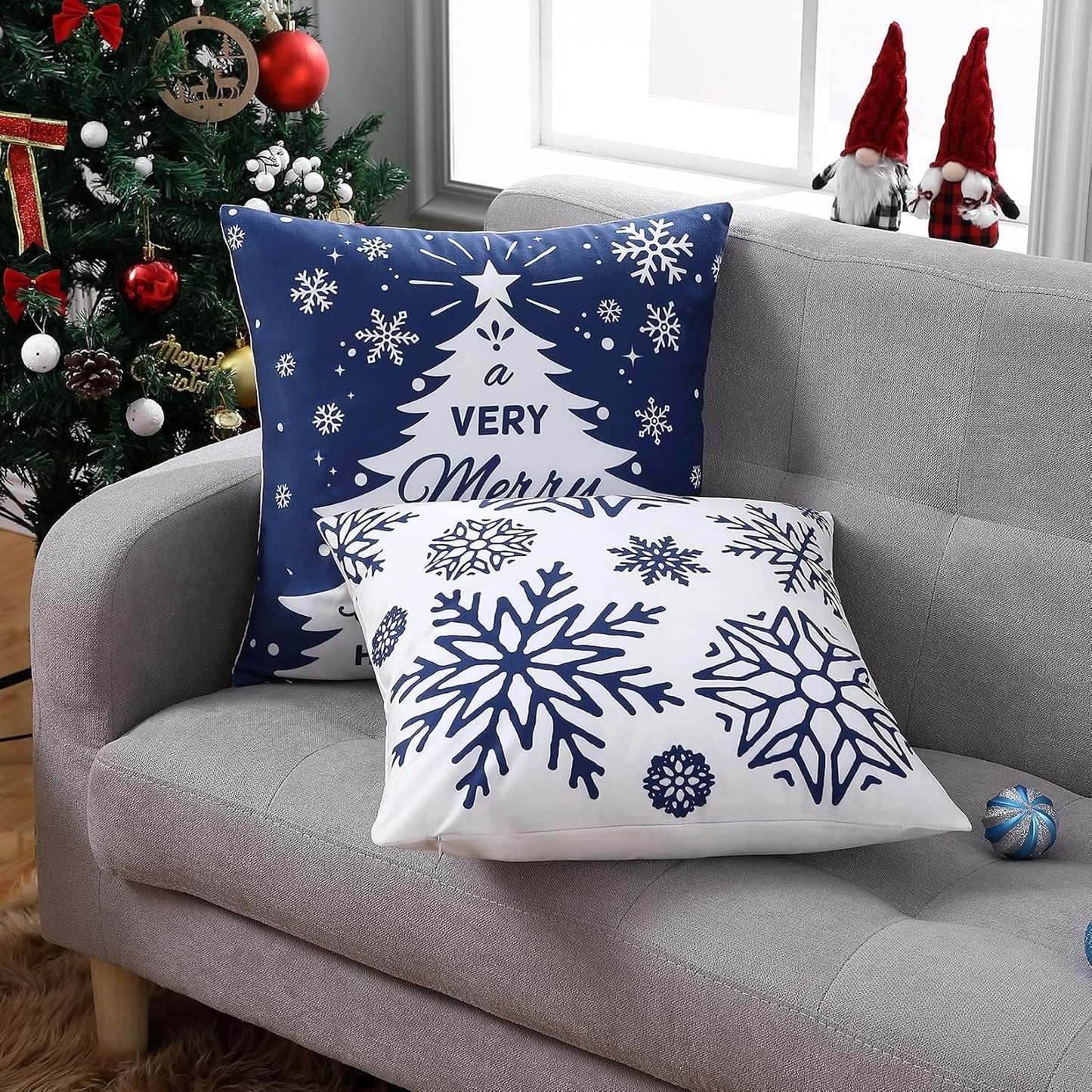 Christmas Pillow Covers 20X20 Set of 4 Navy Blue white Christmas Decorations Merry Christmas Snowflake Throw Pillow Covers Deer Xmas Tree Decor