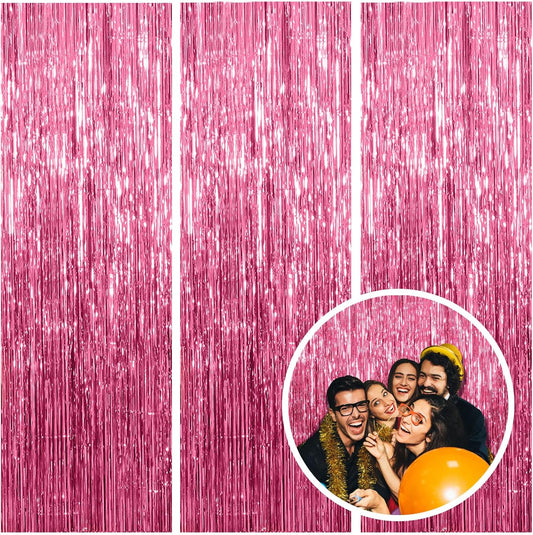 3 Pack Pink Backdrop Birthday Party Decorations Tinsel Foil Fringe Curtains Backdrop Streamer Bachelorette Christmas Graduation Wedding Princess Pink Theme Party Decorations
