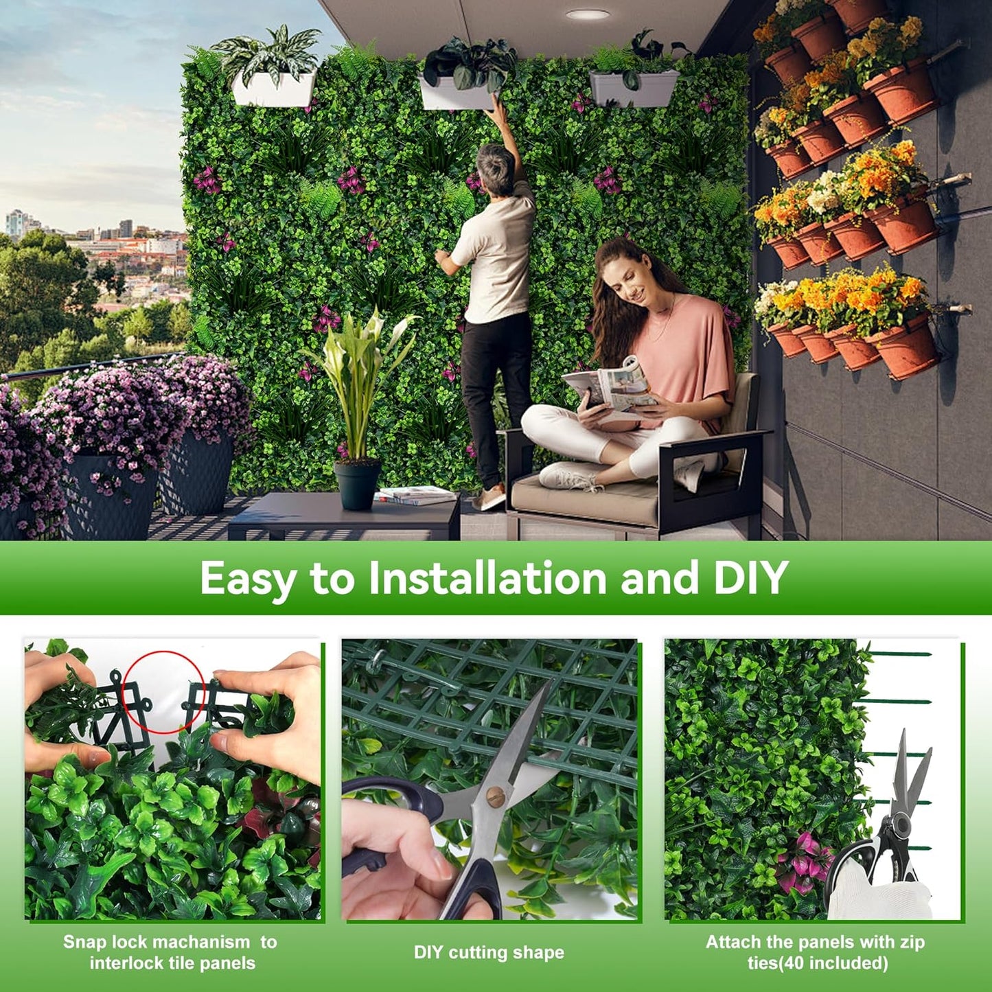 Artificial Grass Wall Panels, 20"x20" 16pcs Grass Backdrop Wall with Mint Plant Leaves, UV-Anti Fake Greenery Plant Boxwood Panels for Privacy Fence Screen, Outdoor Green Wall Decor for Patio Garden