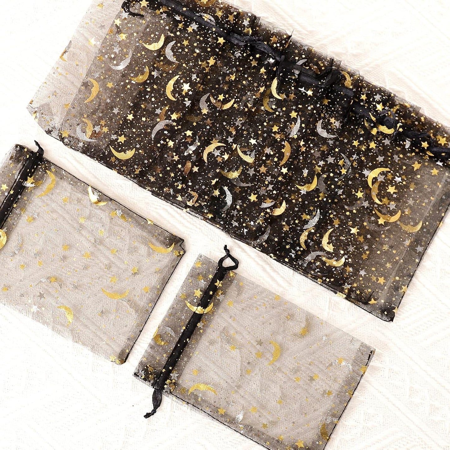 100PCS Moon Star Organza Bags - 4x6" Wedding Favors with Drawstring, Black Organza Gift Pouch for Jewelry, Wedding, Valentine's Day, Christmas, Eid Mubarak Party Favor Bags