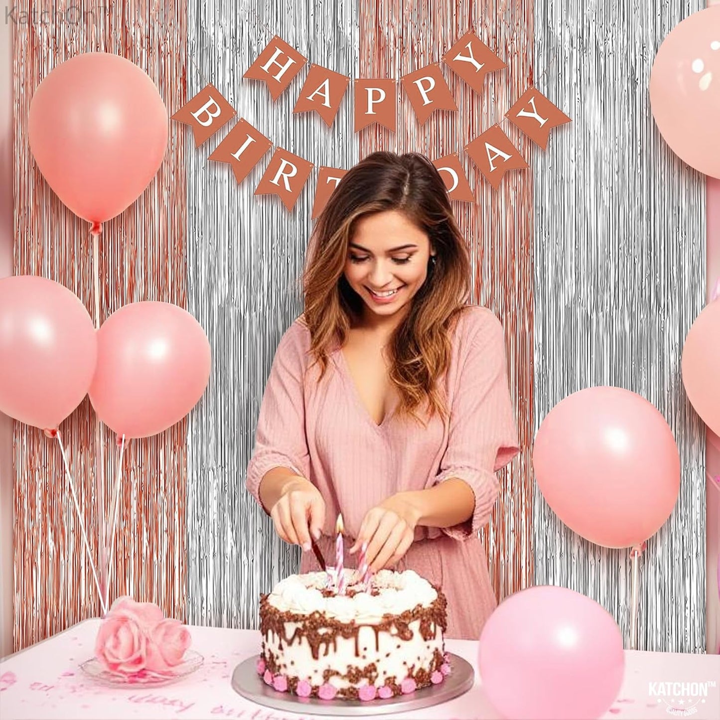 KatchOn, Large Silver and Rose Gold Fringe Backdrop, Pack of 2 | Silver & Rose Gold Streamers for Rosegold Birthday, Unicorn Party Decorations | Backdrop for Bachelorette, Bride Party Decoration